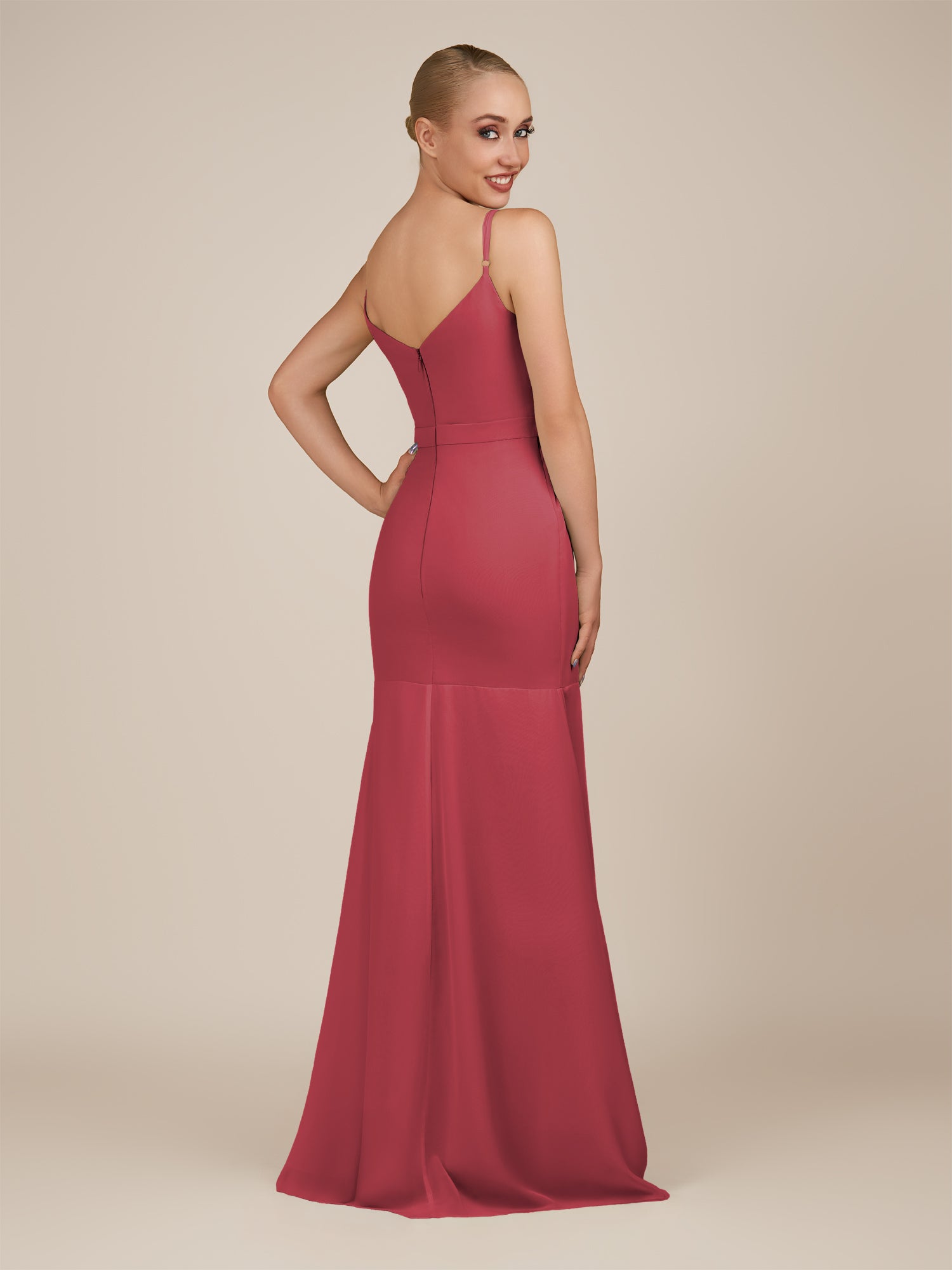 KissDress-Virelai Merlot Sheath Scoop Neck Chiffon Long Bridesmaid Dress