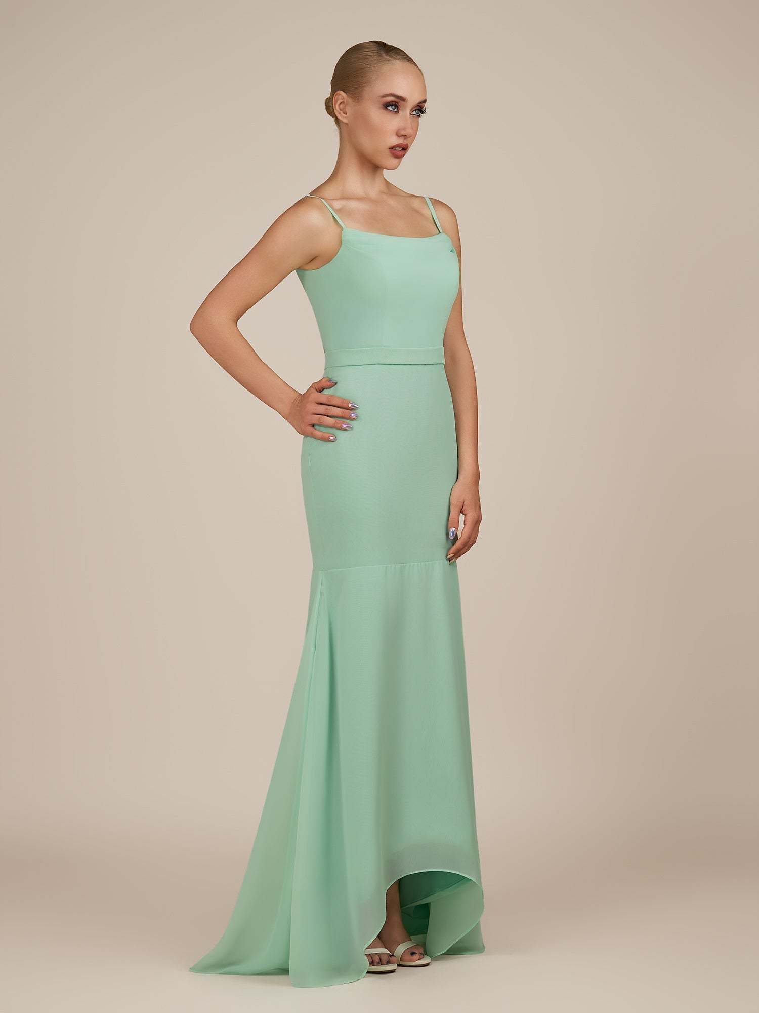 KissDress-Virelai Pale Pistachio Sheath Scoop Neck Chiffon Long Bridesmaid Dress