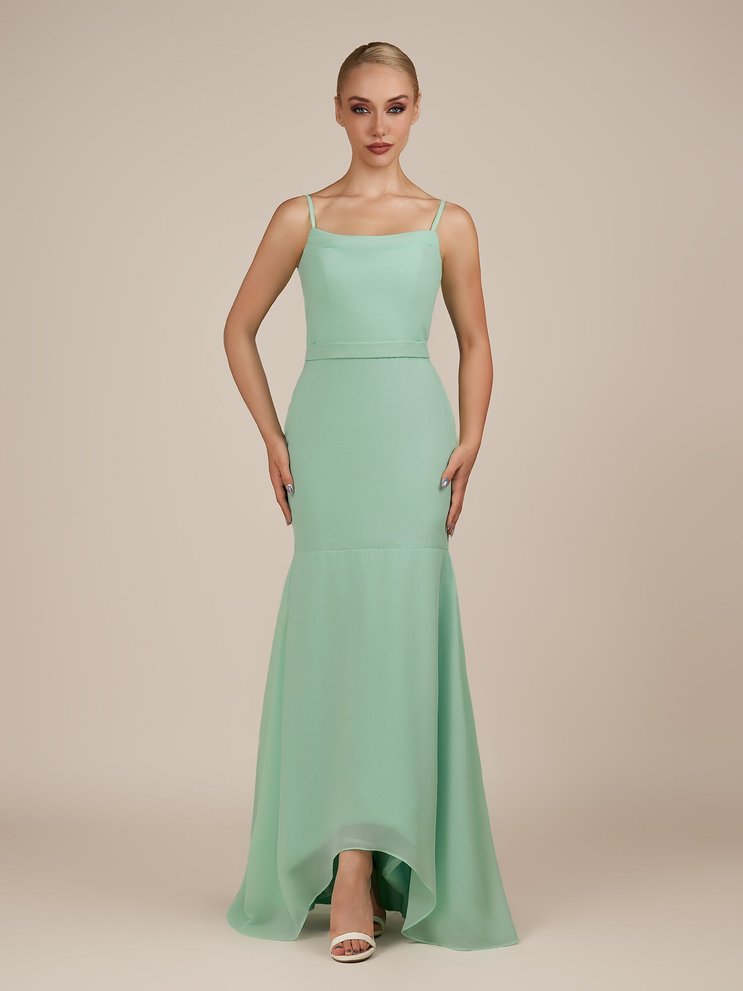 KissDress-Virelai Pale Pistachio Sheath Scoop Neck Chiffon Long Bridesmaid Dress