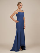 KissDress-Virelai Navy Sheath Scoop Neck Chiffon Long Bridesmaid Dress