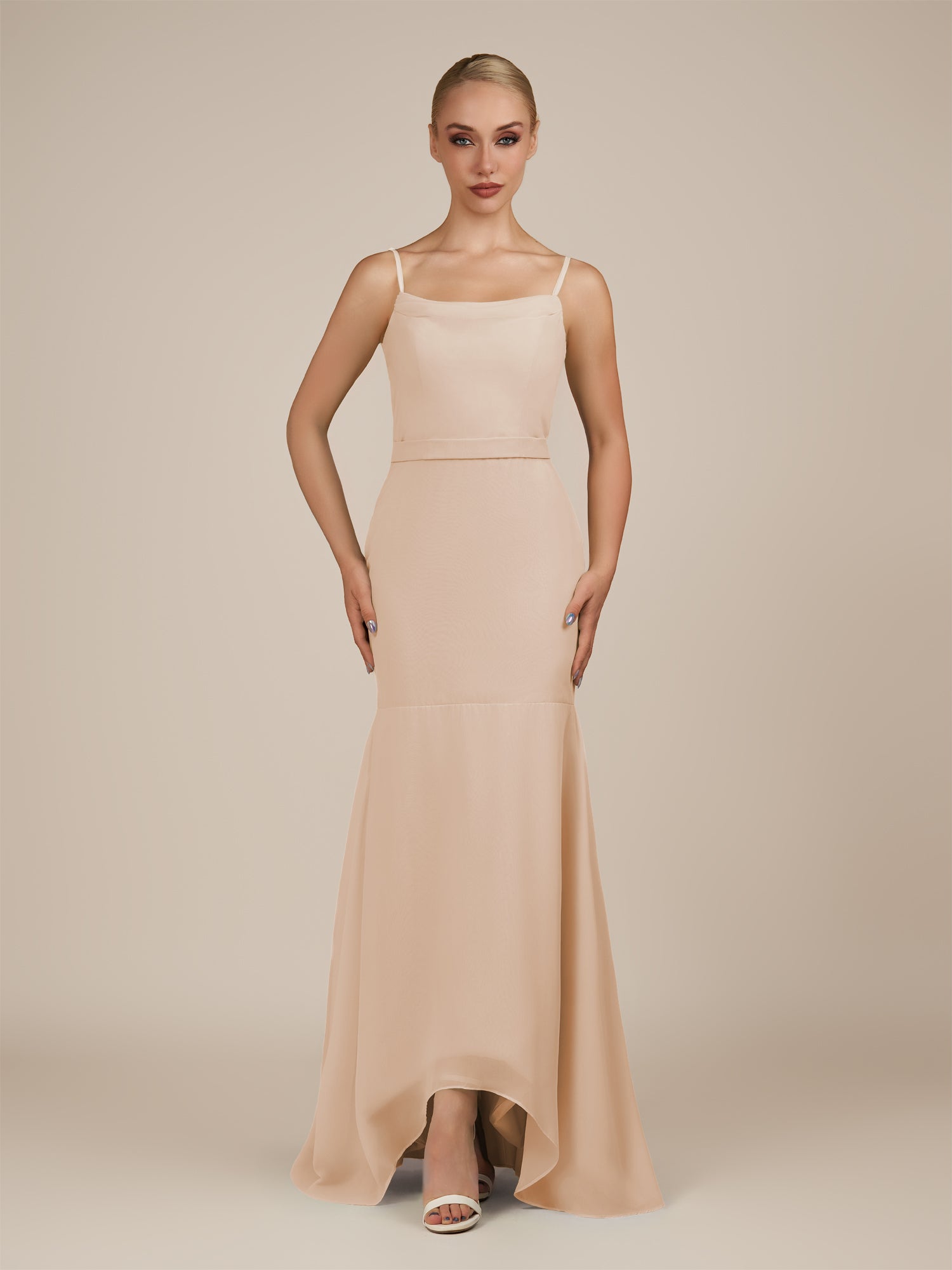 KissDress-Virelai Pale Blush Sheath Scoop Neck Chiffon Long Bridesmaid Dress