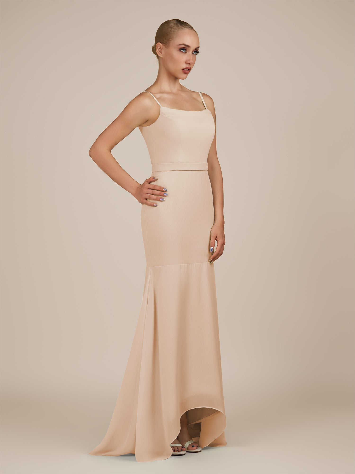 KissDress-Virelai Pale Blush Sheath Scoop Neck Chiffon Long Bridesmaid Dress