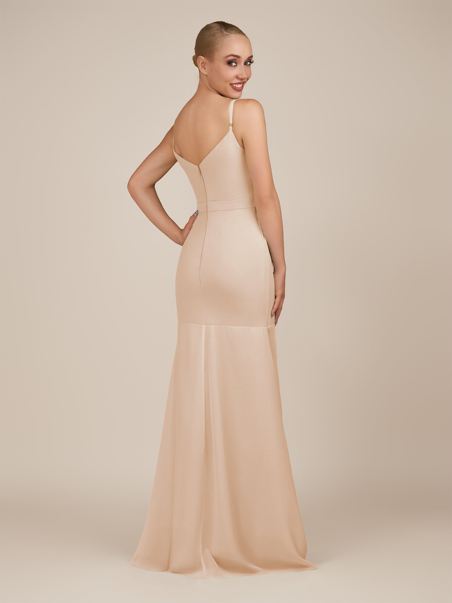 KissDress-Virelai Pale Blush Sheath Scoop Neck Chiffon Long Bridesmaid Dress