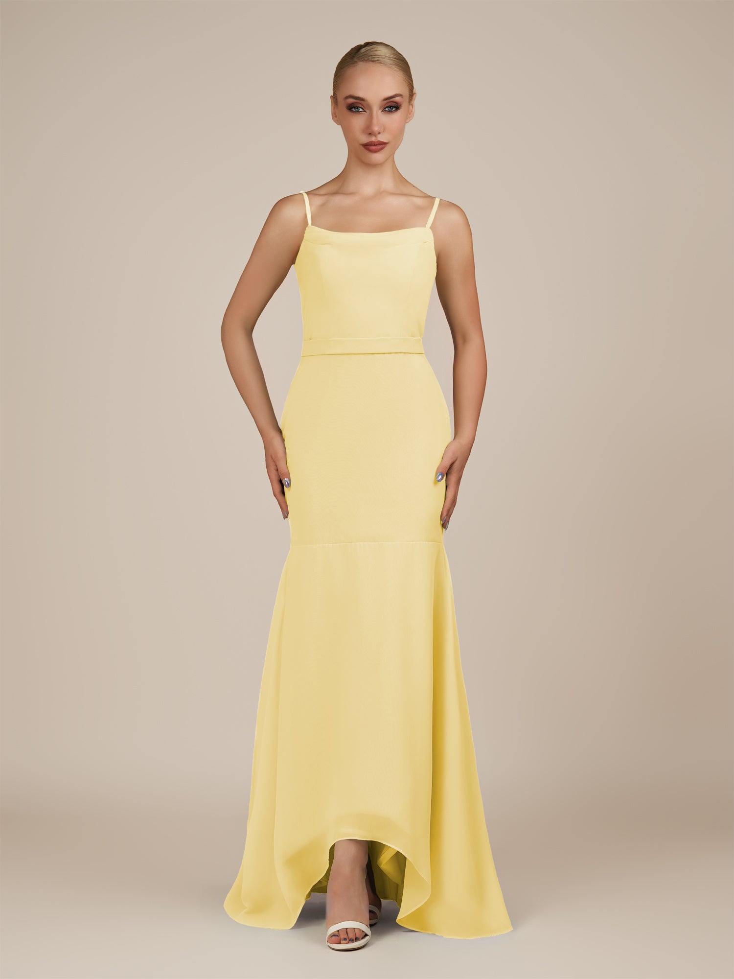 KissDress-Virelai Pastel Yellow Sheath Scoop Neck Chiffon Long Bridesmaid Dress