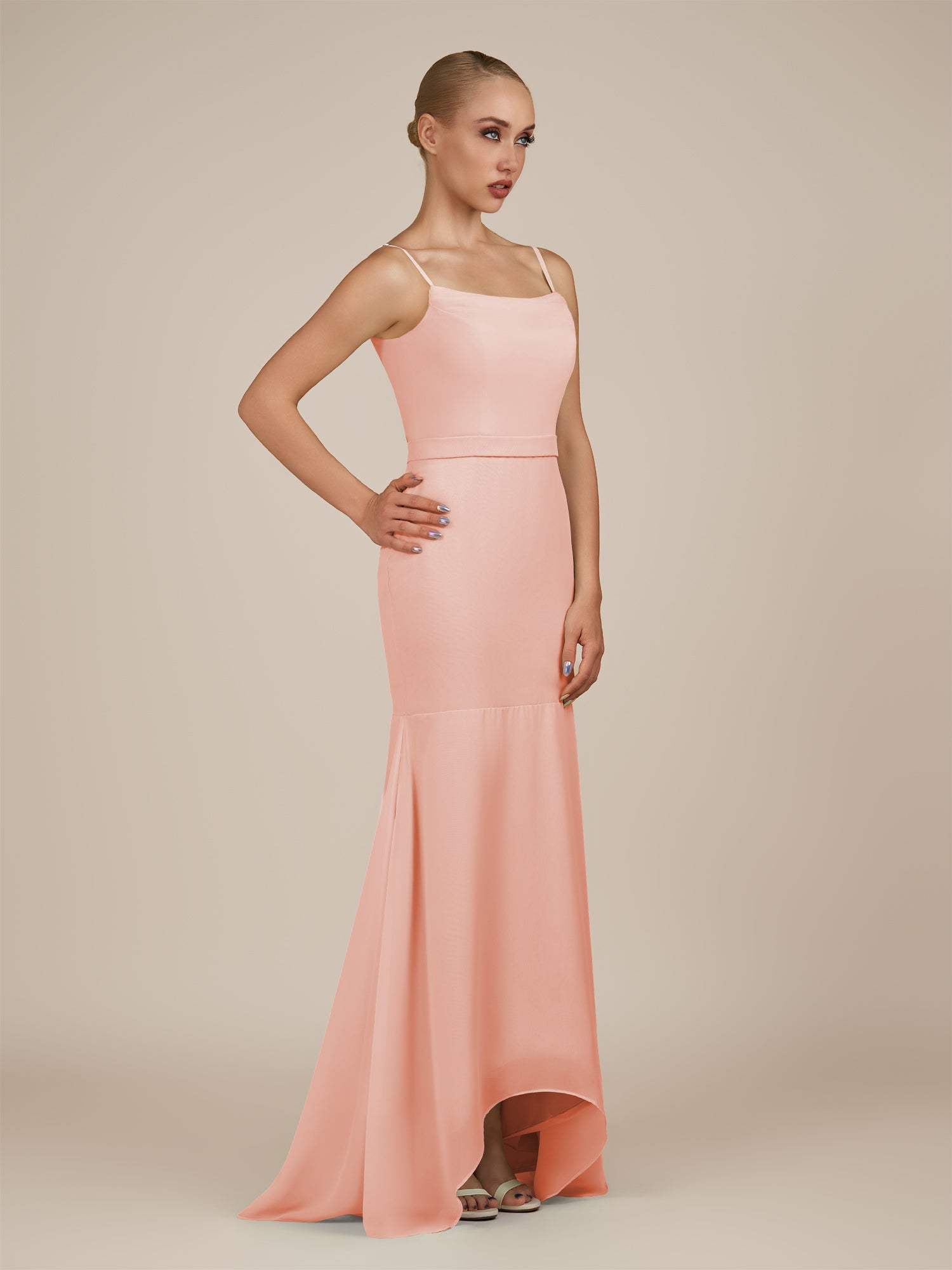 KissDress-Virelai Rose Petal Sheath Scoop Neck Chiffon Long Bridesmaid Dress