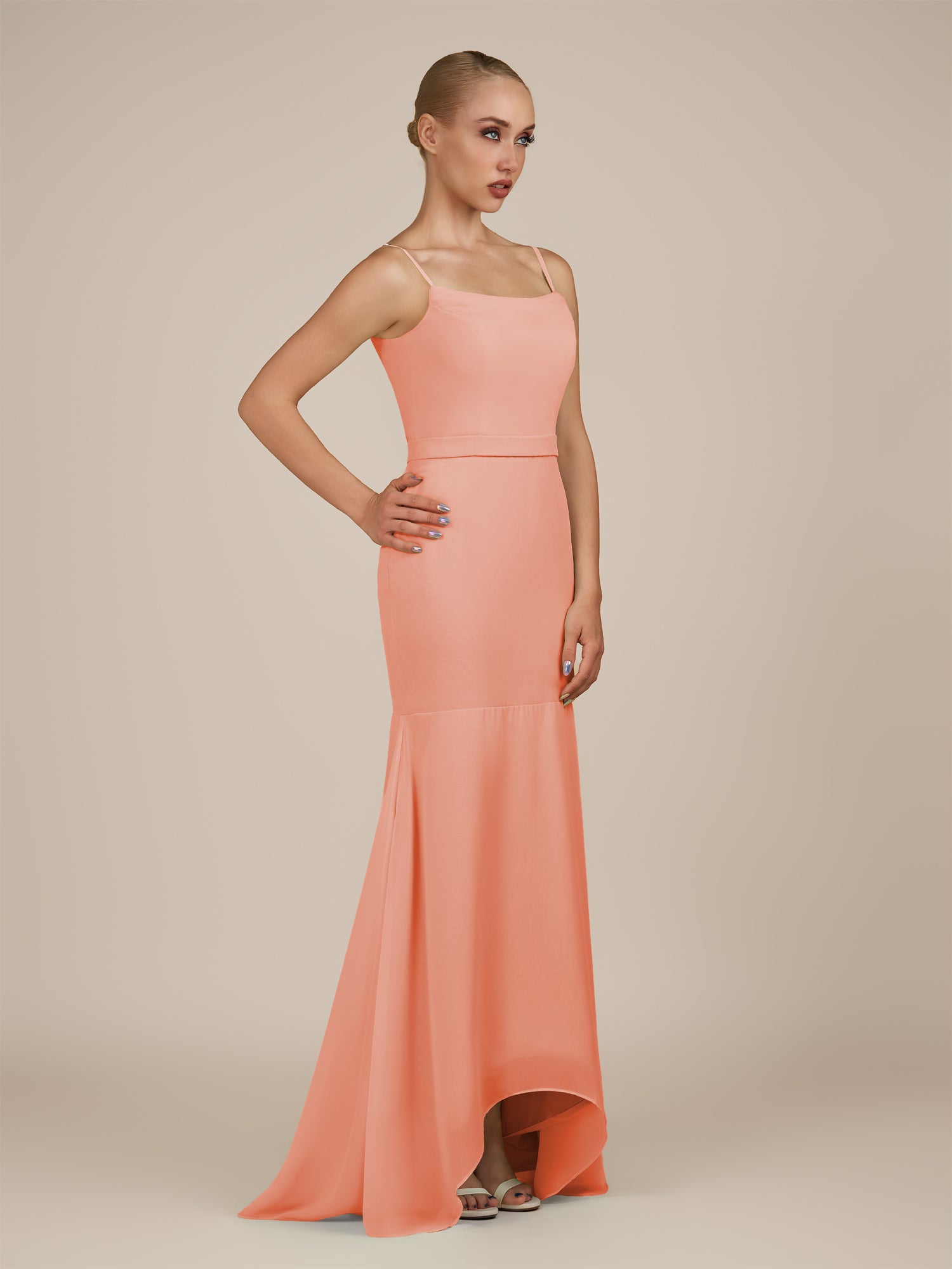 KissDress-Virelai Rosette Sheath Scoop Neck Chiffon Long Bridesmaid Dress
