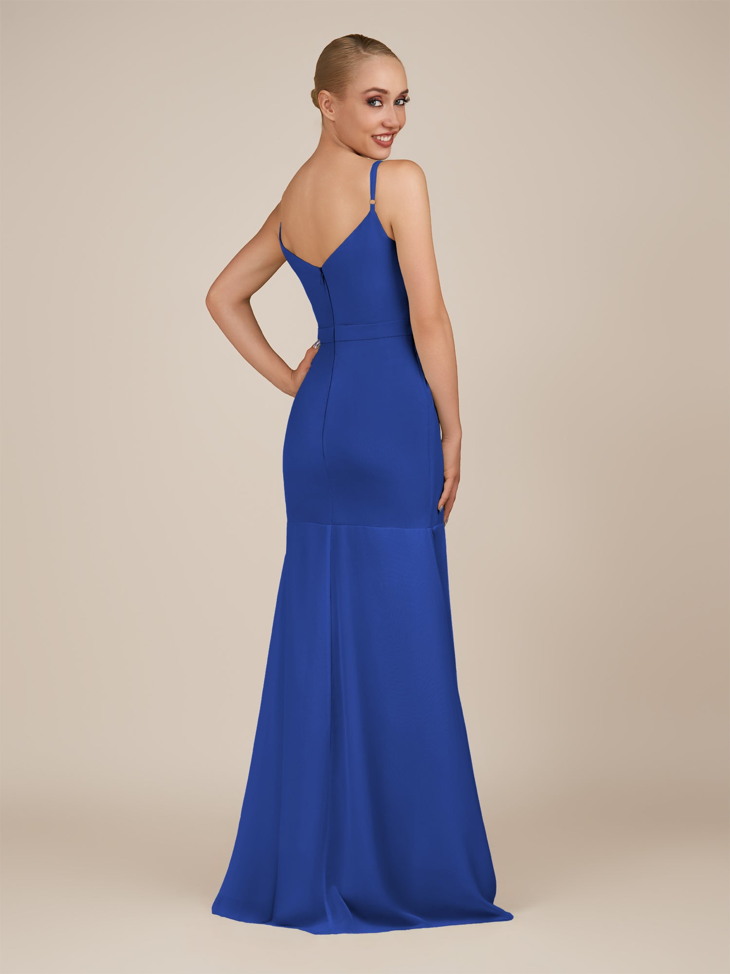 KissDress-Virelai Royal Blue Sheath Scoop Neck Chiffon Long Bridesmaid Dress