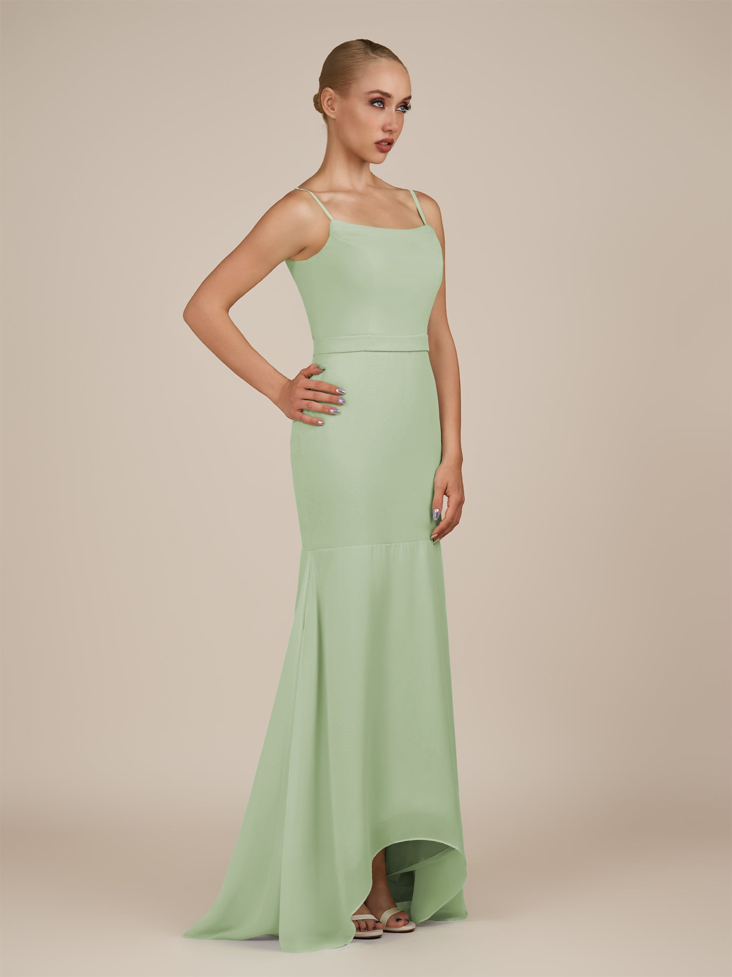 KissDress-Virelai Sage Sheath Scoop Neck Chiffon Long Bridesmaid Dress