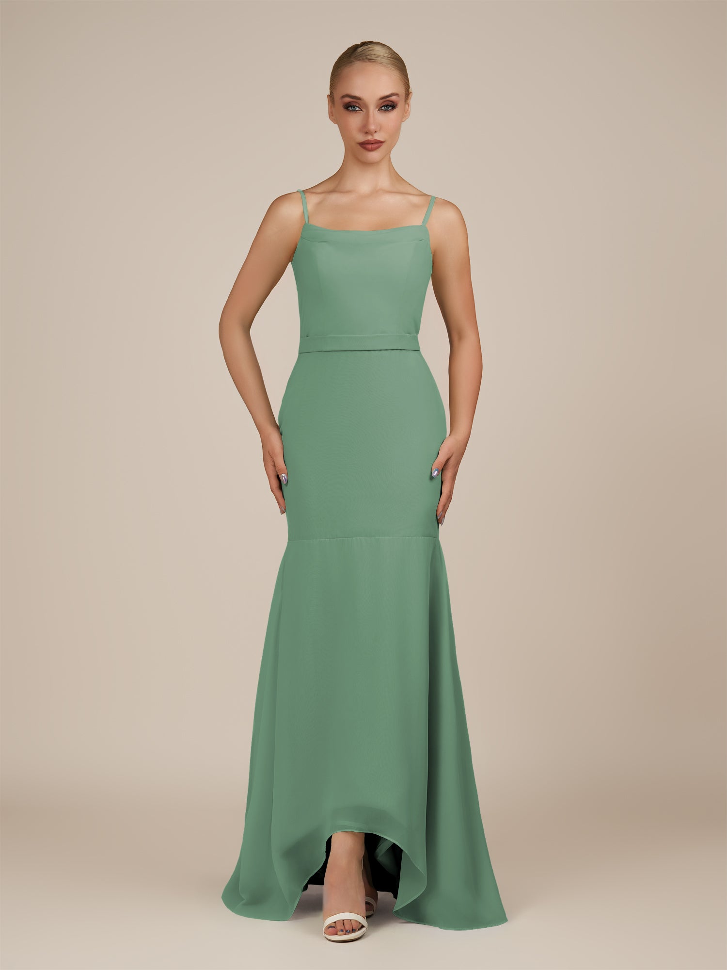 KissDress-Virelai Sea Glass Sheath Scoop Neck Chiffon Long Bridesmaid Dress