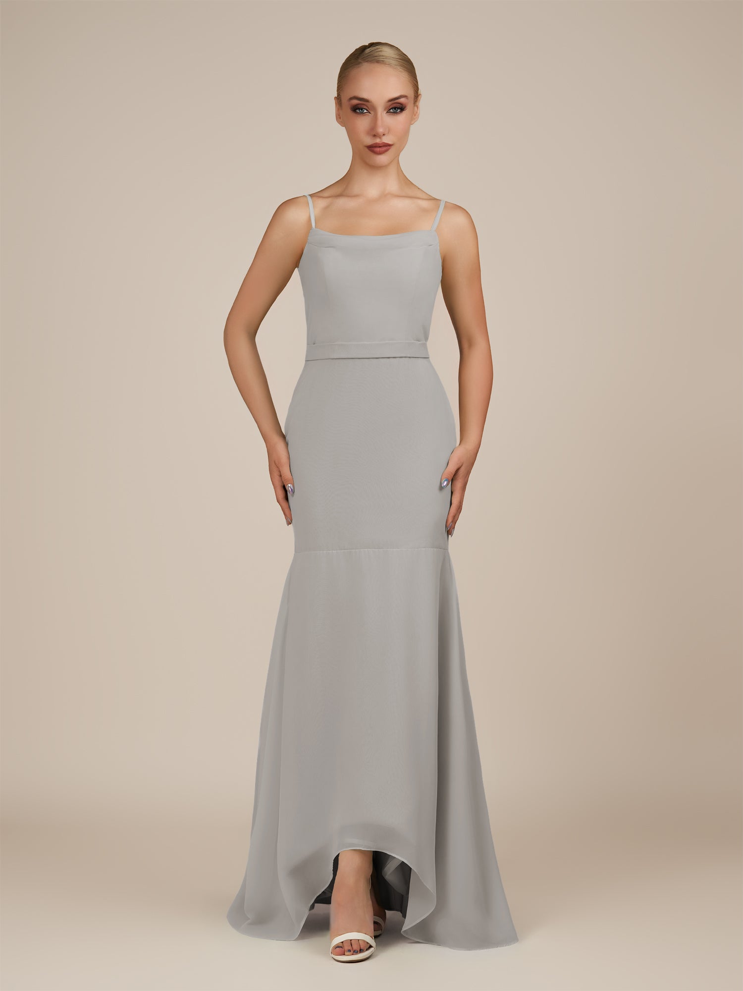 KissDress-Virelai Silver Sheath Scoop Neck Chiffon Long Bridesmaid Dress