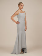 KissDress-Virelai Silver Sheath Scoop Neck Chiffon Long Bridesmaid Dress
