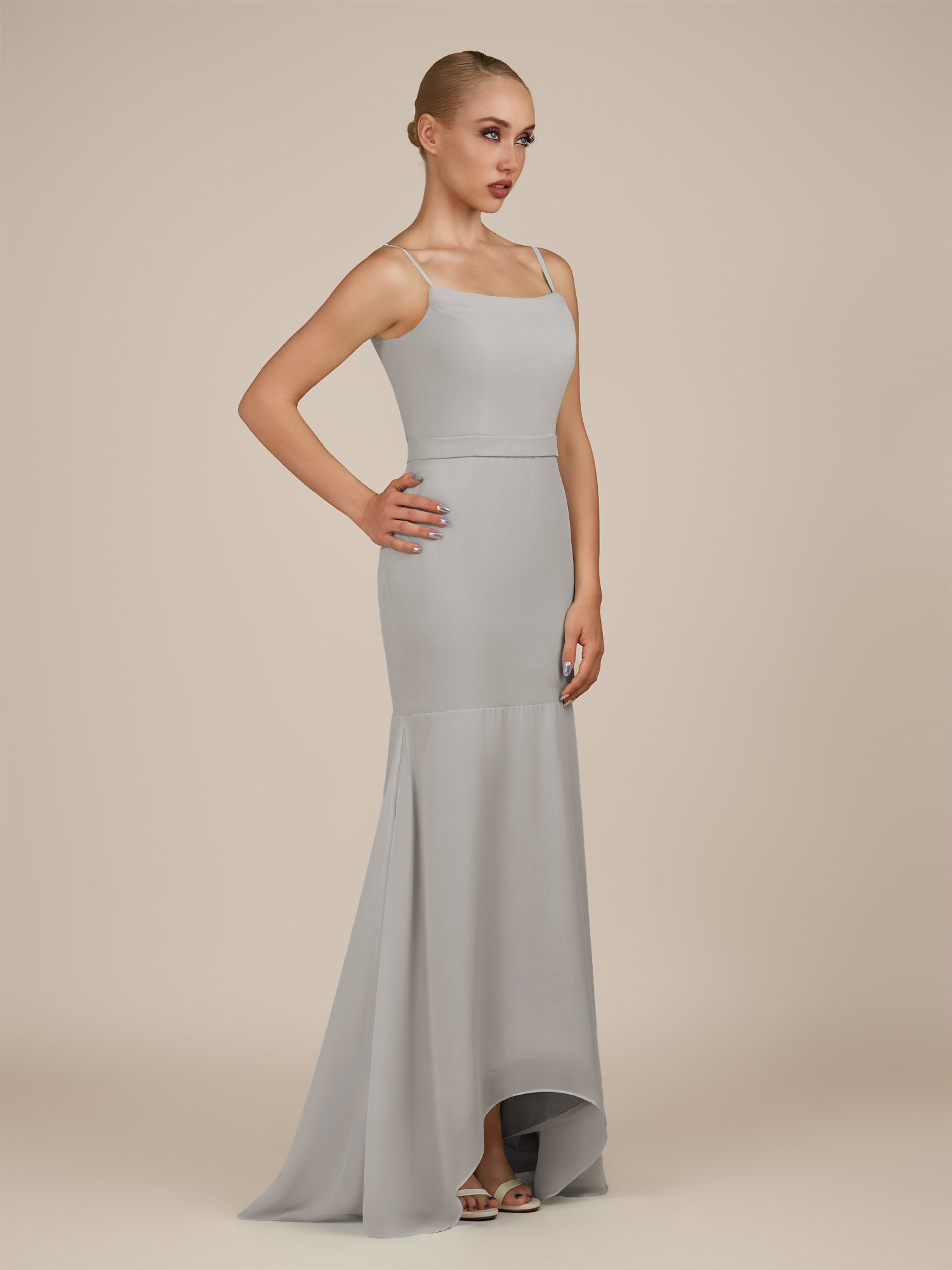 KissDress-Virelai Silver Sheath Scoop Neck Chiffon Long Bridesmaid Dress
