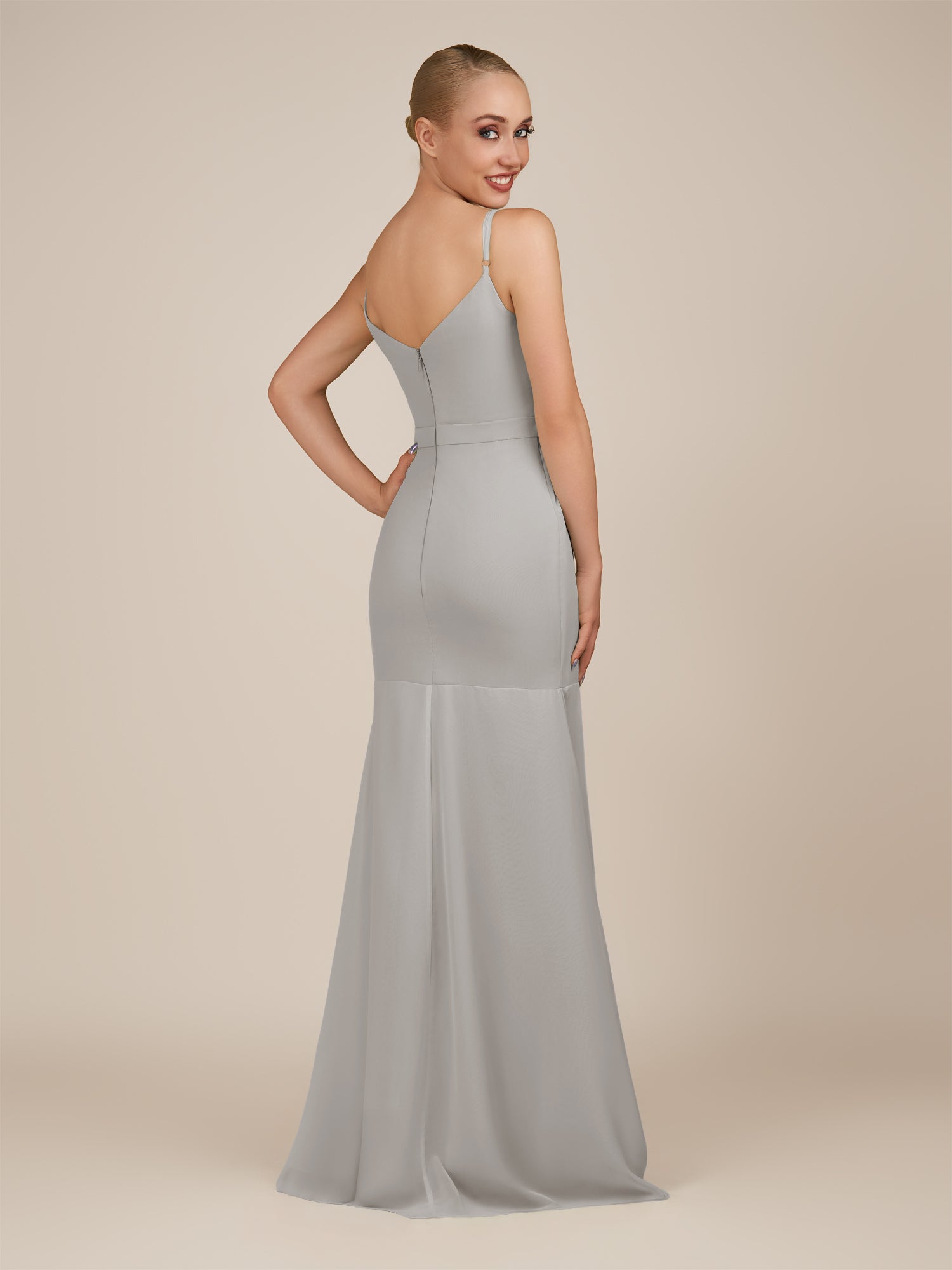 KissDress-Virelai Silver Sheath Scoop Neck Chiffon Long Bridesmaid Dress