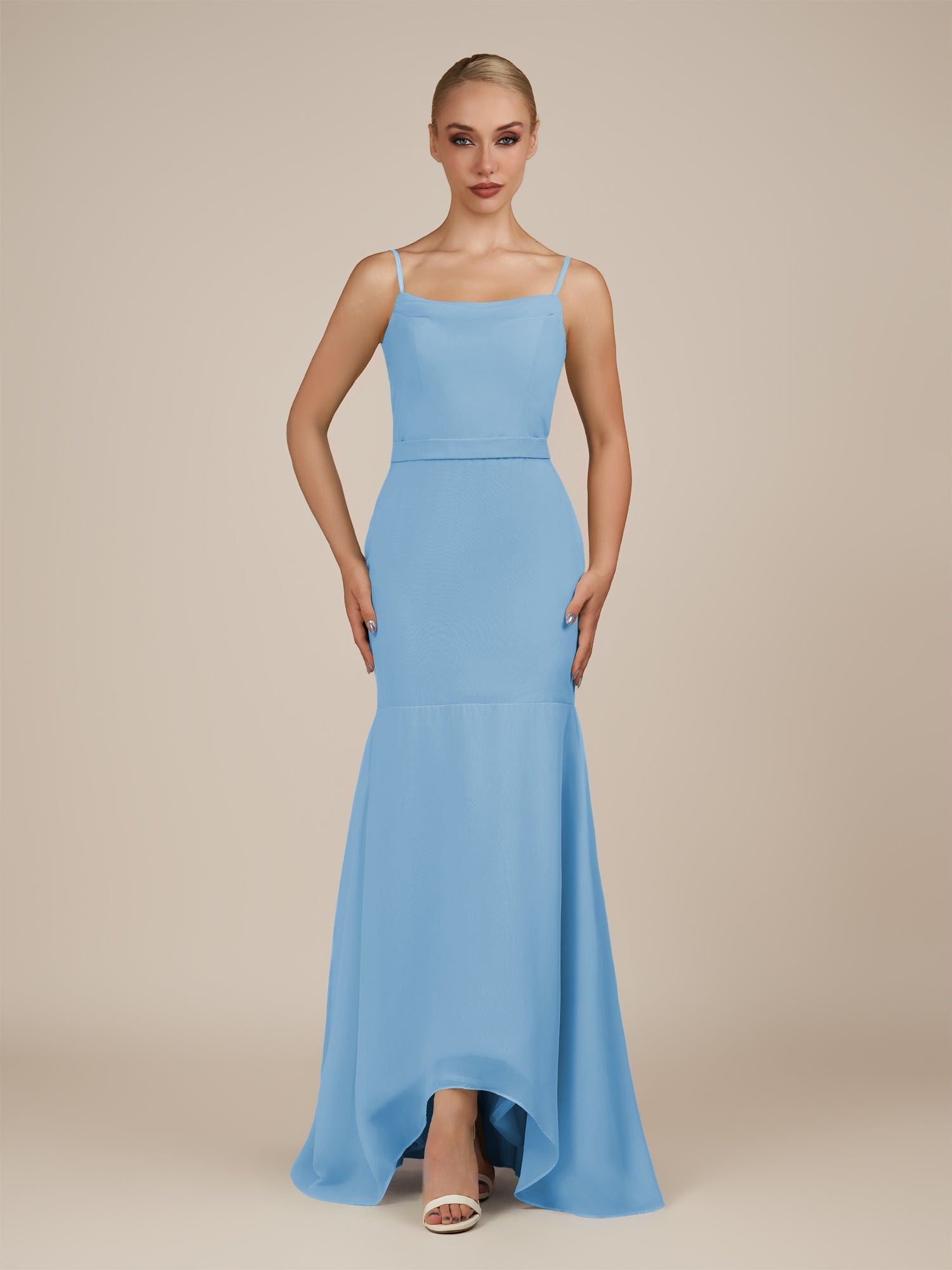 KissDress-Virelai Steel Blue Sheath Scoop Neck Chiffon Long Bridesmaid Dress