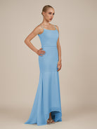 KissDress-Virelai Steel Blue Sheath Scoop Neck Chiffon Long Bridesmaid Dress