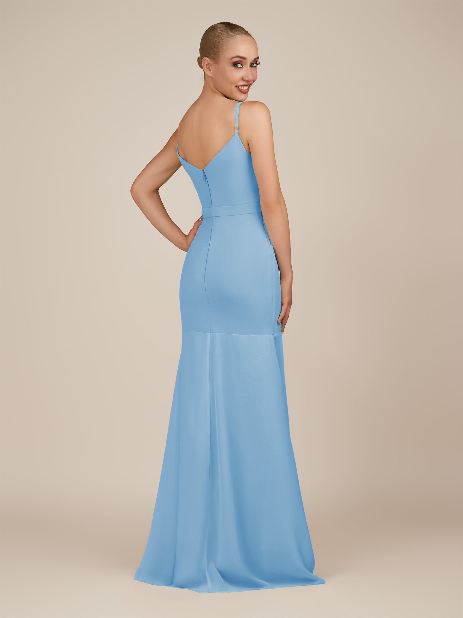 KissDress-Virelai Steel Blue Sheath Scoop Neck Chiffon Long Bridesmaid Dress