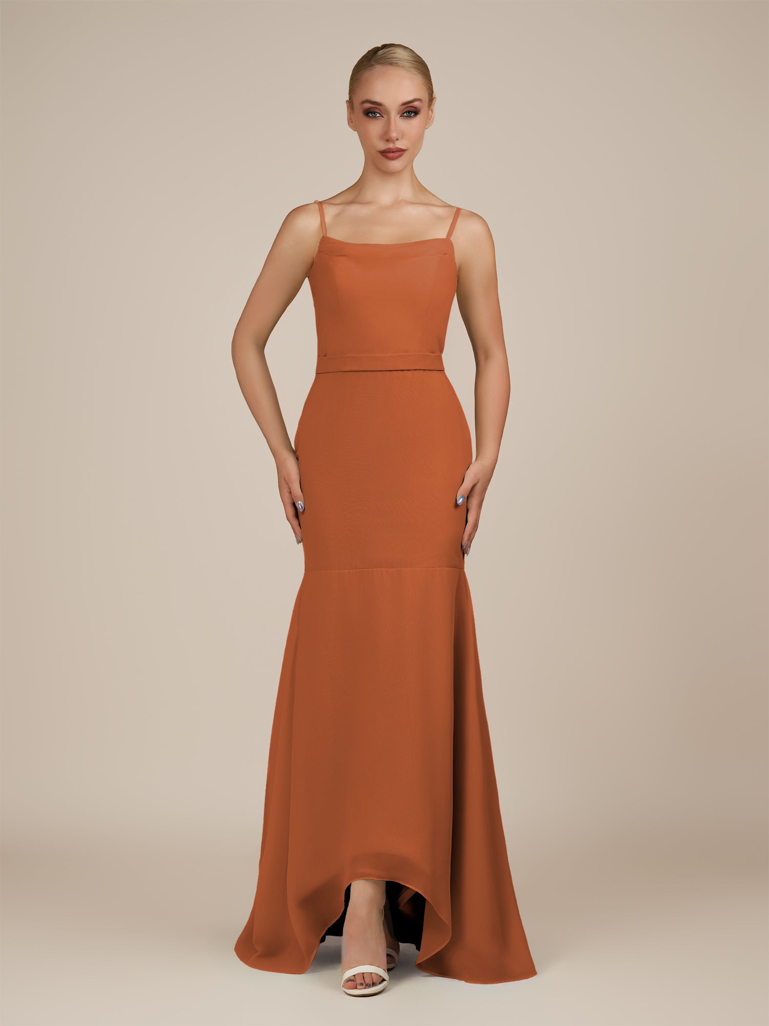 KissDress-Virelai Terracotta Sheath Scoop Neck Chiffon Long Bridesmaid Dress