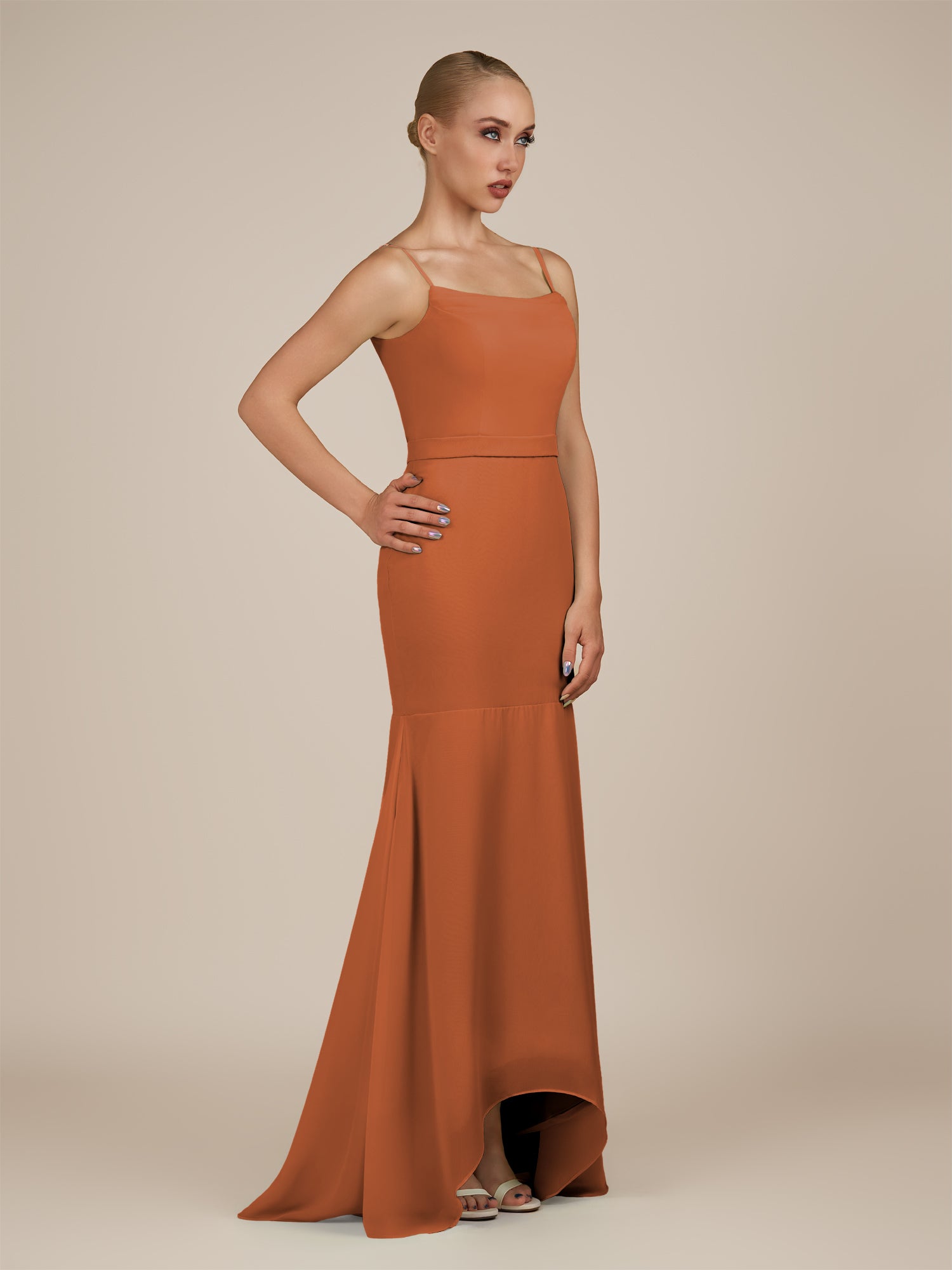 KissDress-Virelai Terracotta Sheath Scoop Neck Chiffon Long Bridesmaid Dress