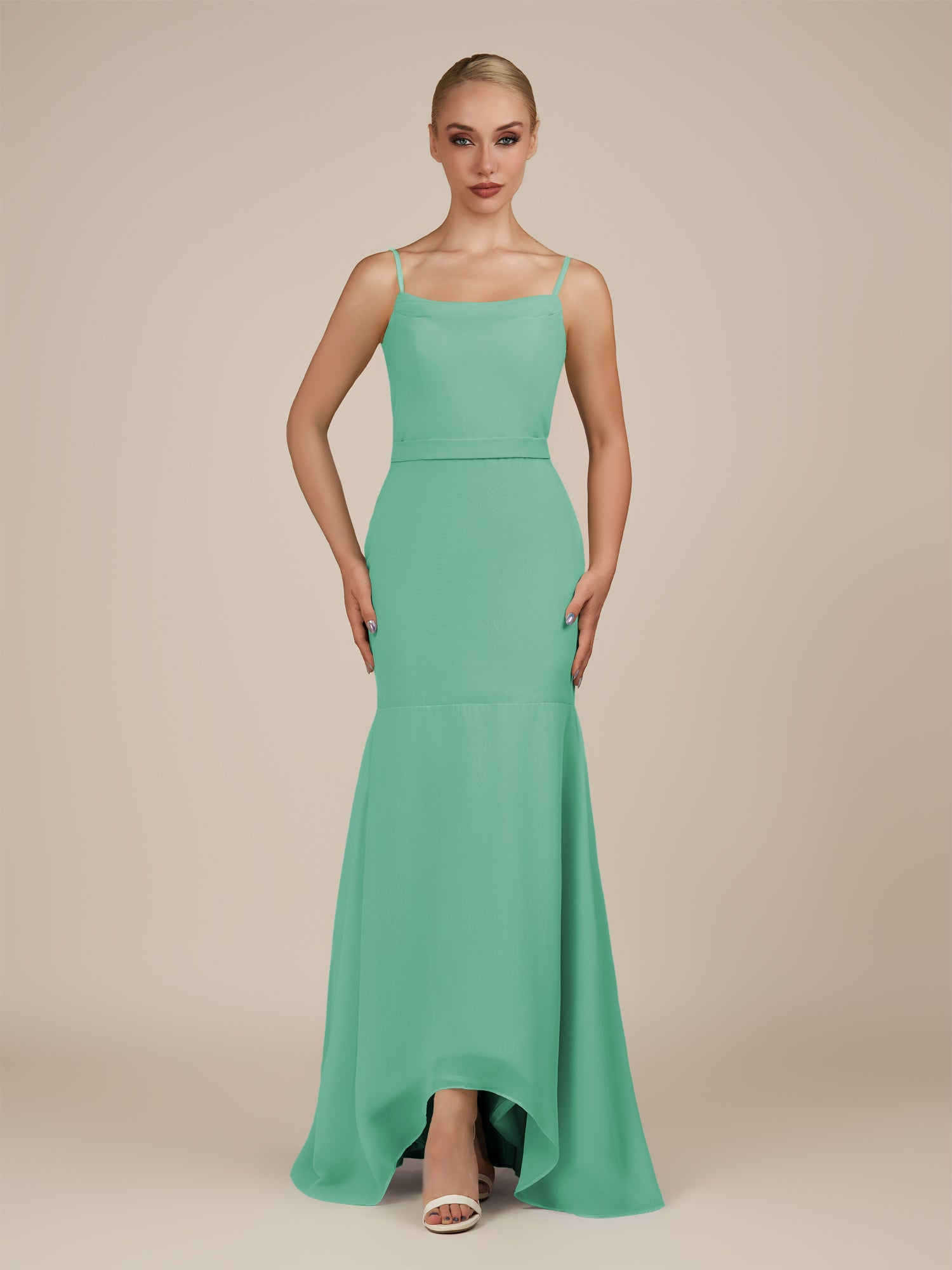 KissDress-Virelai Turquoise Sheath Scoop Neck Chiffon Long Bridesmaid Dress