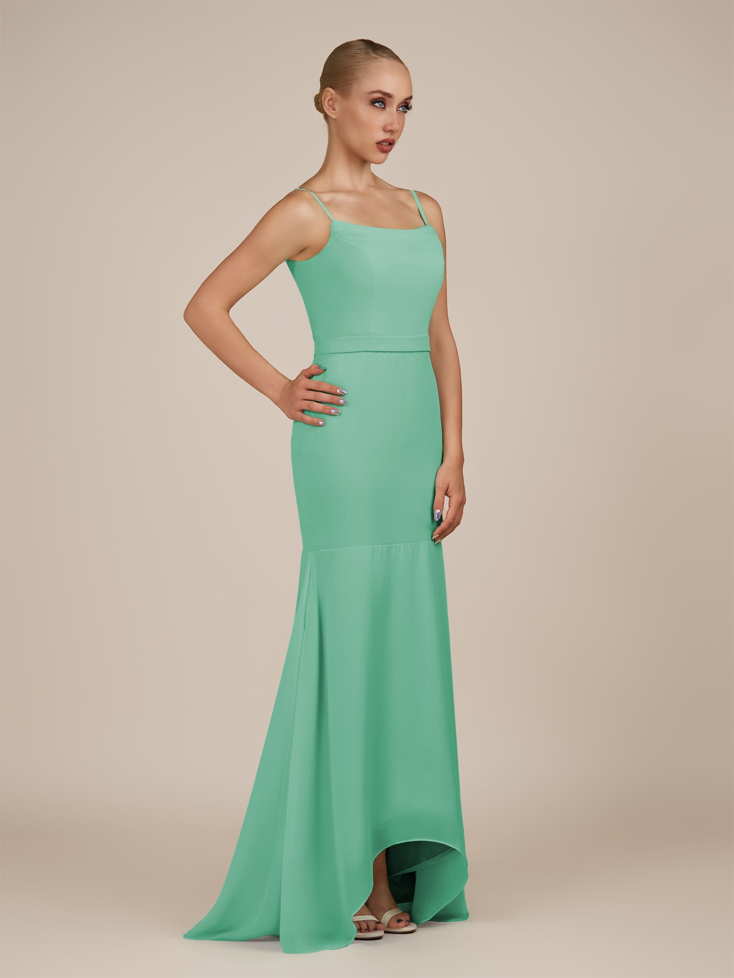 KissDress-Virelai Turquoise Sheath Scoop Neck Chiffon Long Bridesmaid Dress