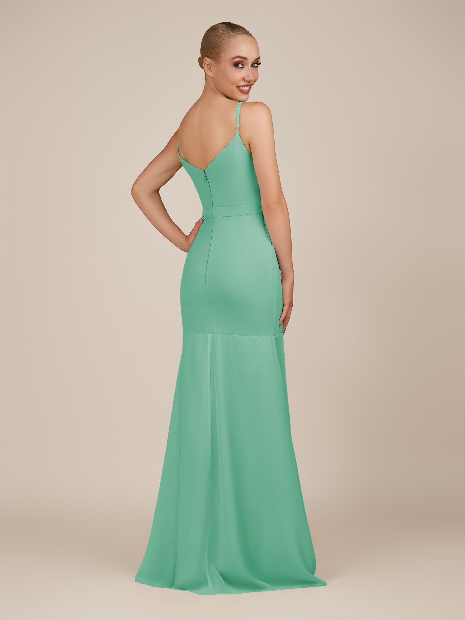KissDress-Virelai Turquoise Sheath Scoop Neck Chiffon Long Bridesmaid Dress