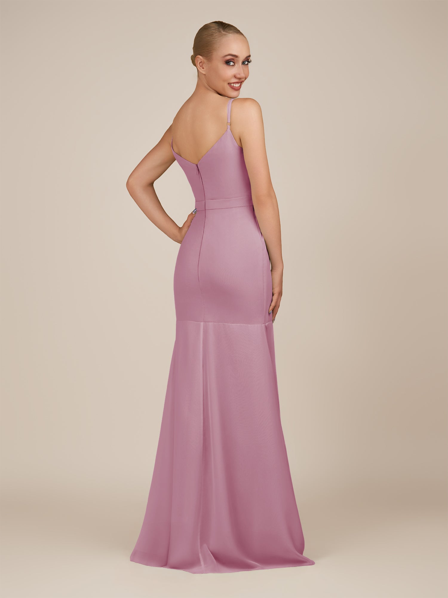 KissDress-Virelai Vintage Mauve Sheath Scoop Neck Chiffon Long Bridesmaid Dress
