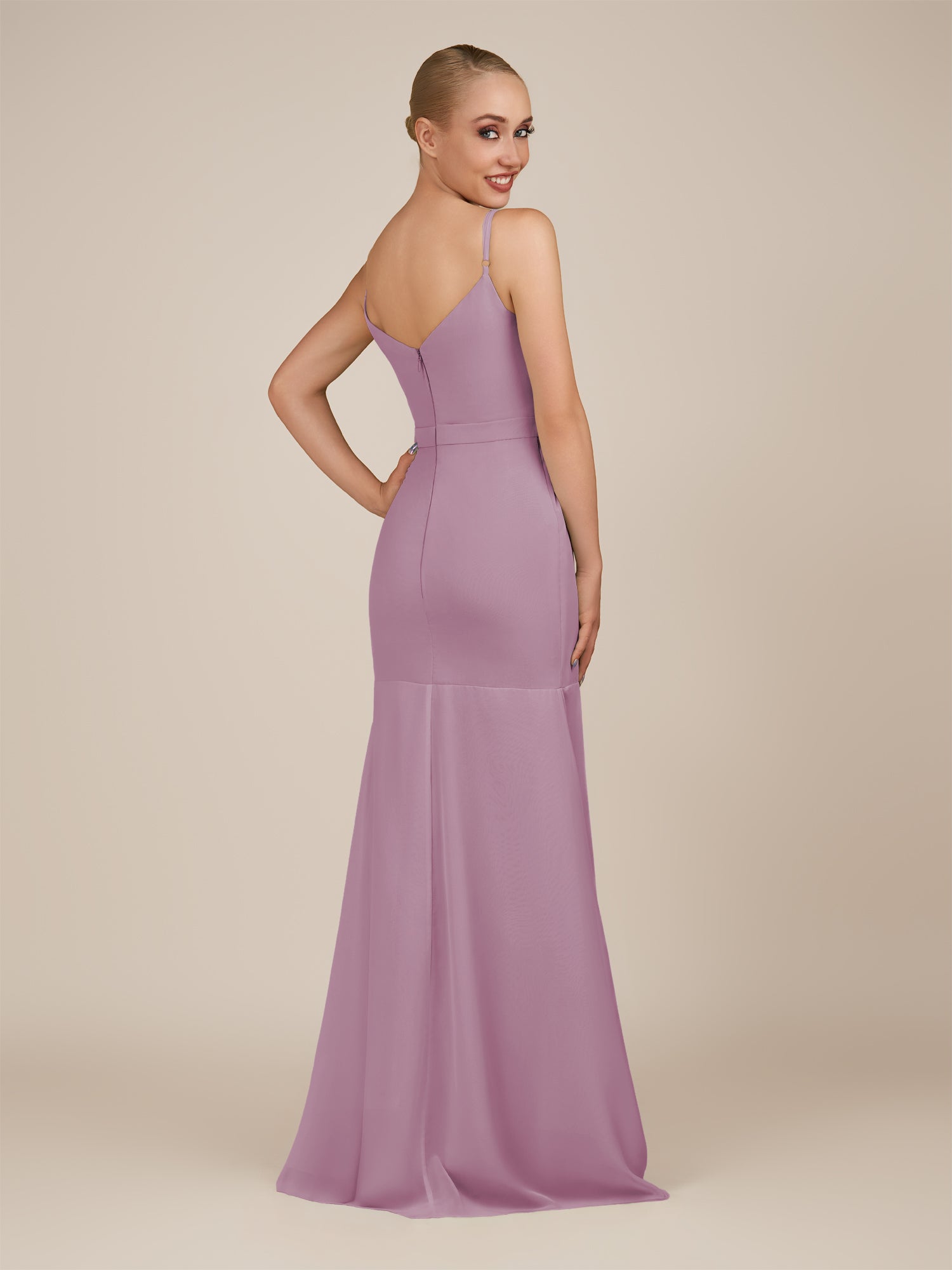 KissDress-Virelai Wisteria Sheath Scoop Neck Chiffon Long Bridesmaid Dress
