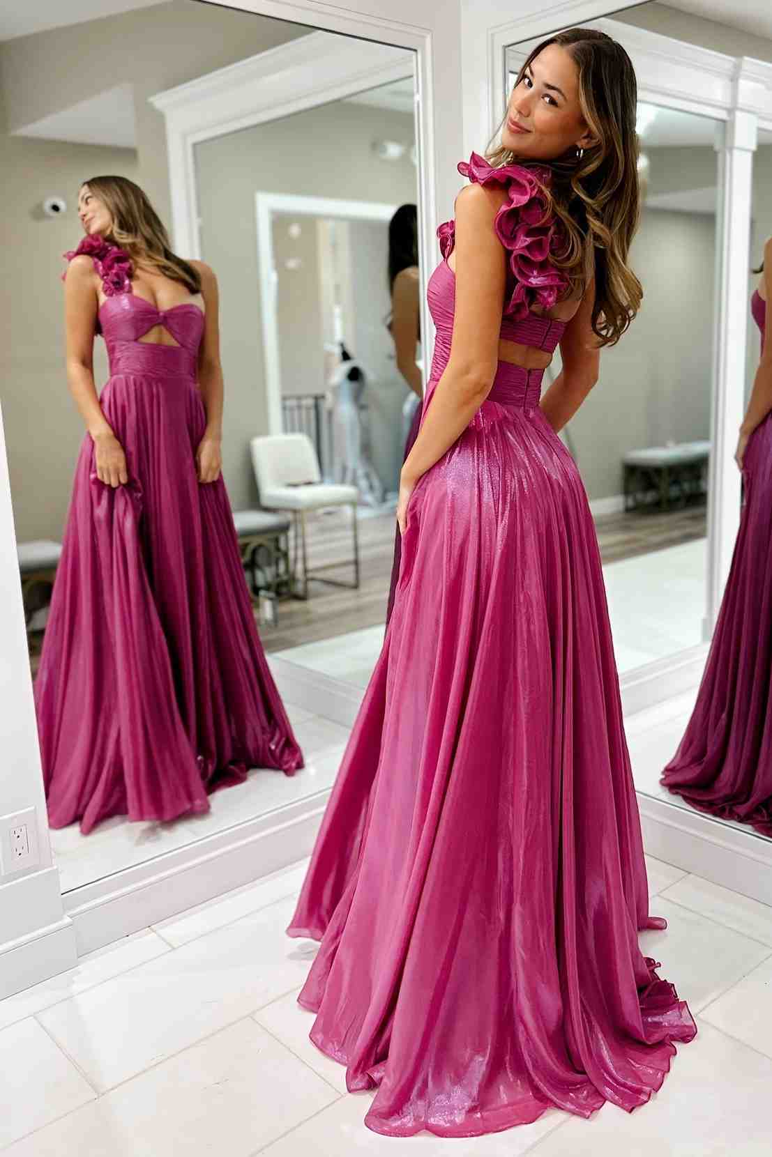 A-Line Fuchsia One Shoulder Keyhole Pleated Metallic Prom Dress with Slit