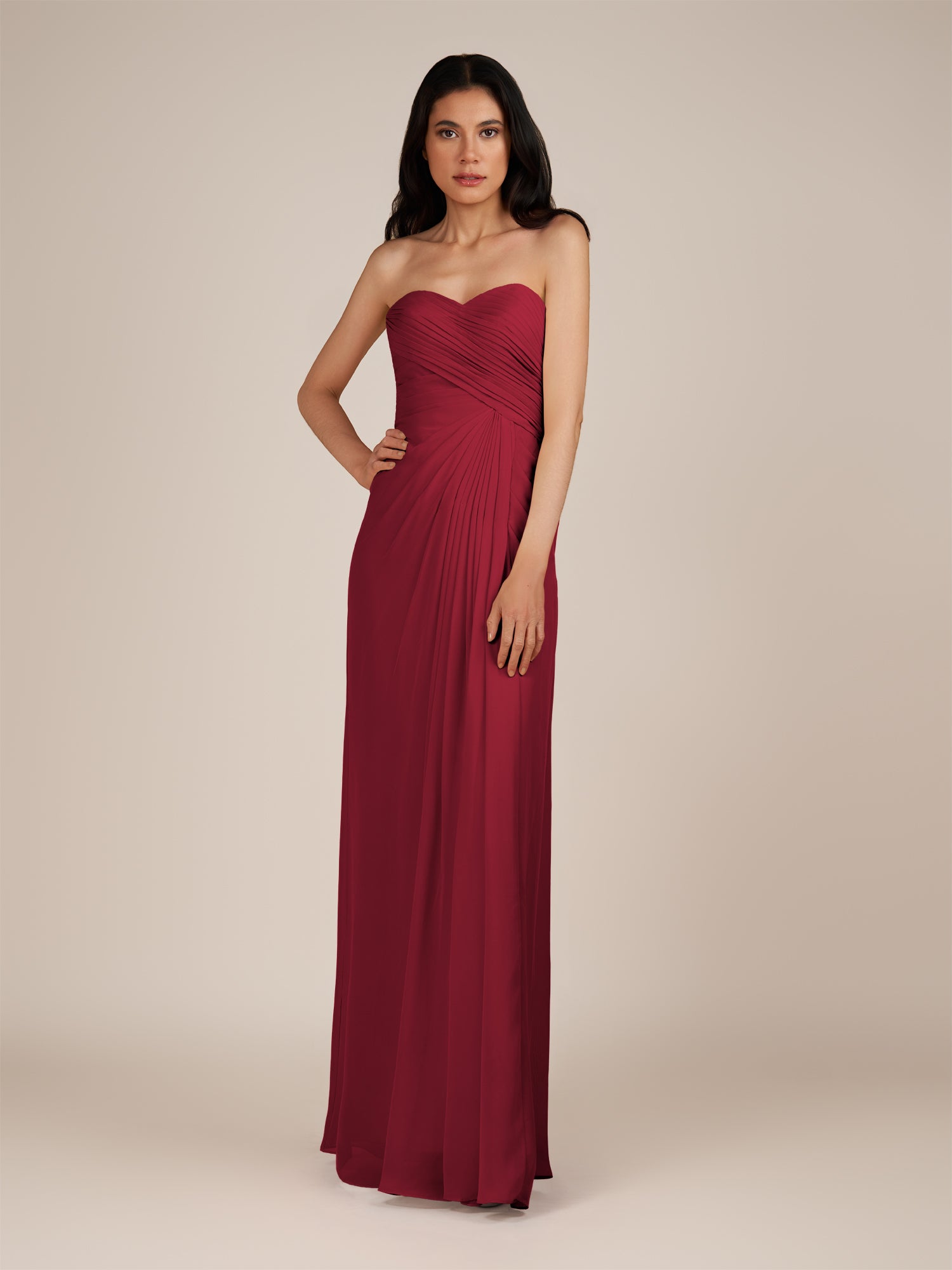 KissDress | Wanlian - Burgundy A Line Chiffon Sweetheart Long Bridesmaid Dress with Pleats