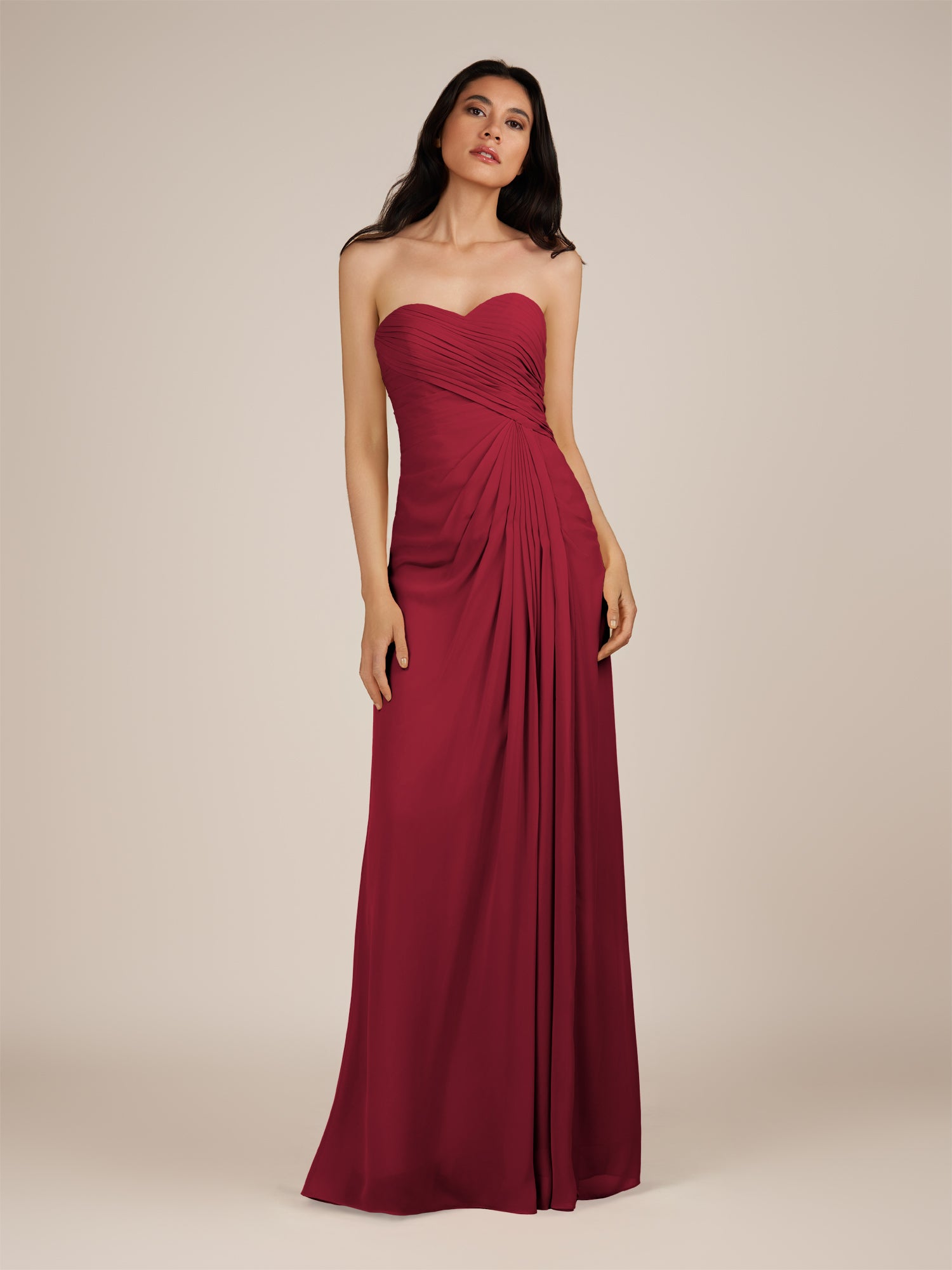 KissDress | Wanlian - Burgundy A Line Chiffon Sweetheart Long Bridesmaid Dress with Pleats