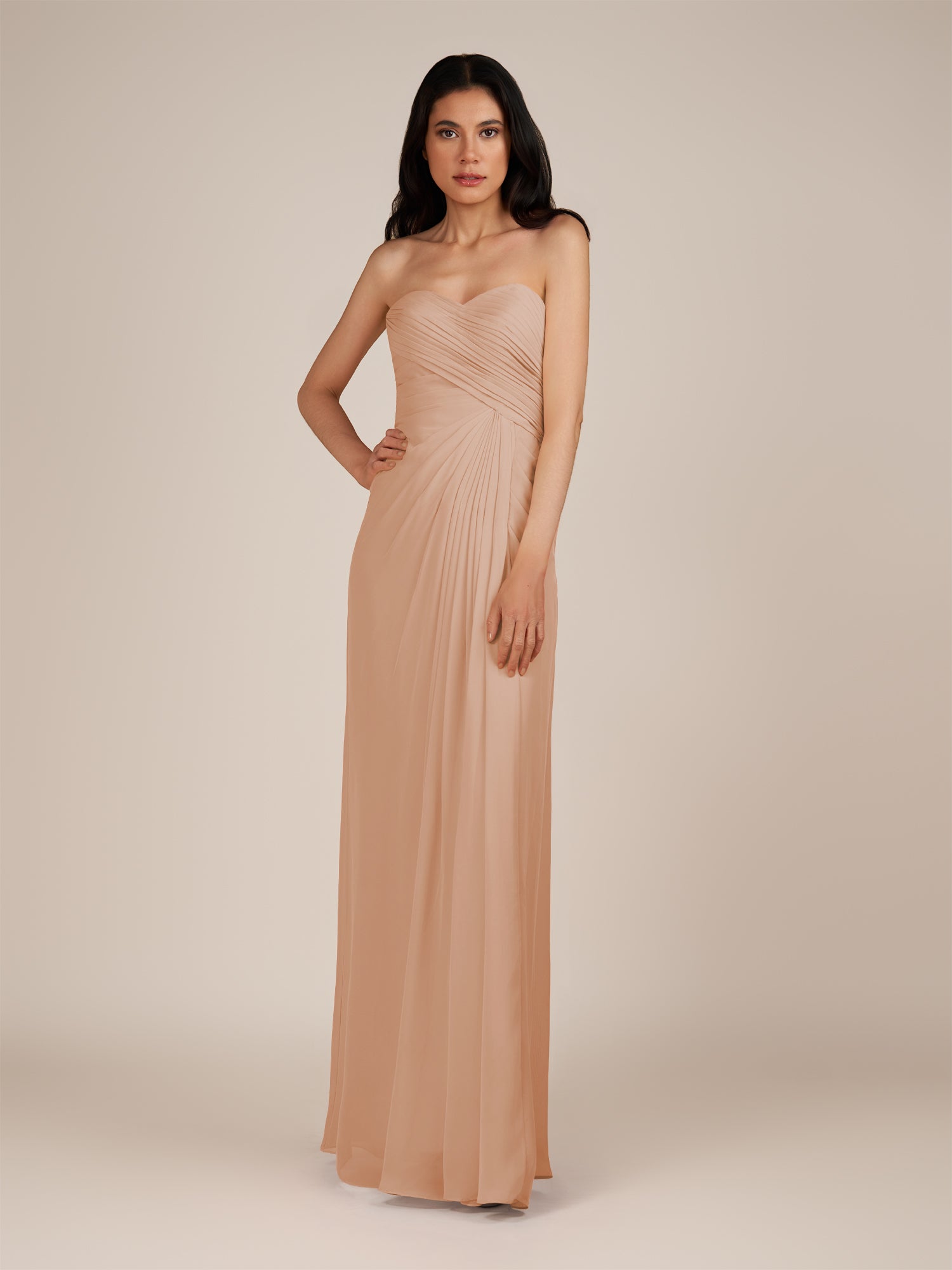 KissDress | Champagne Rose - Spice A Line Chiffon Sweetheart Long Bridesmaid Dress with Pleats