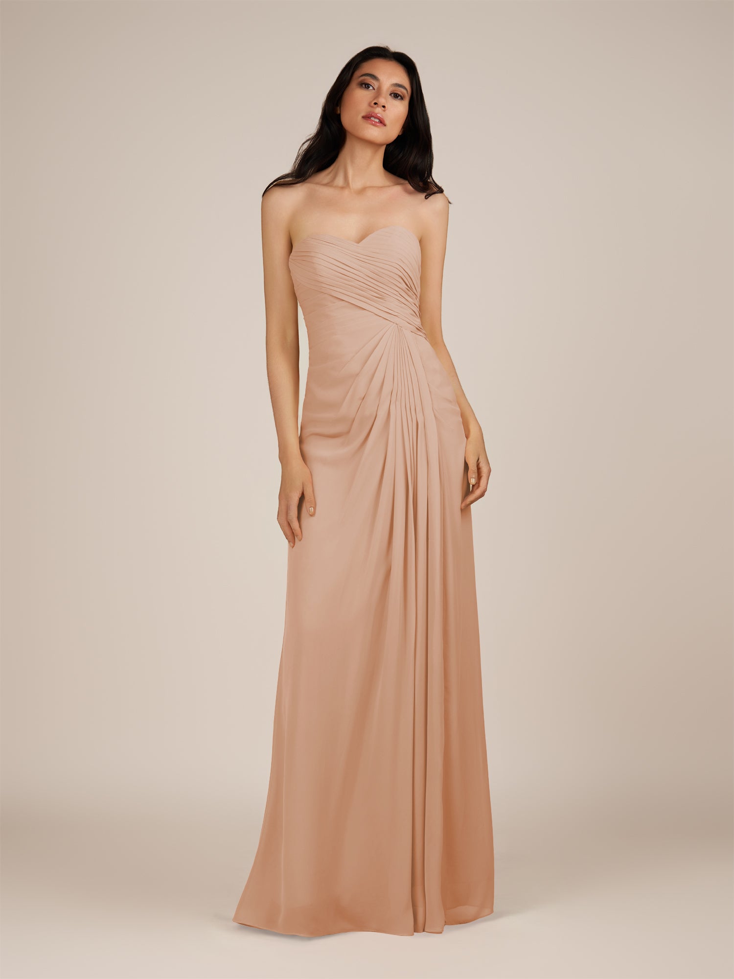 KissDress | Champagne Rose - Spice A Line Chiffon Sweetheart Long Bridesmaid Dress with Pleats