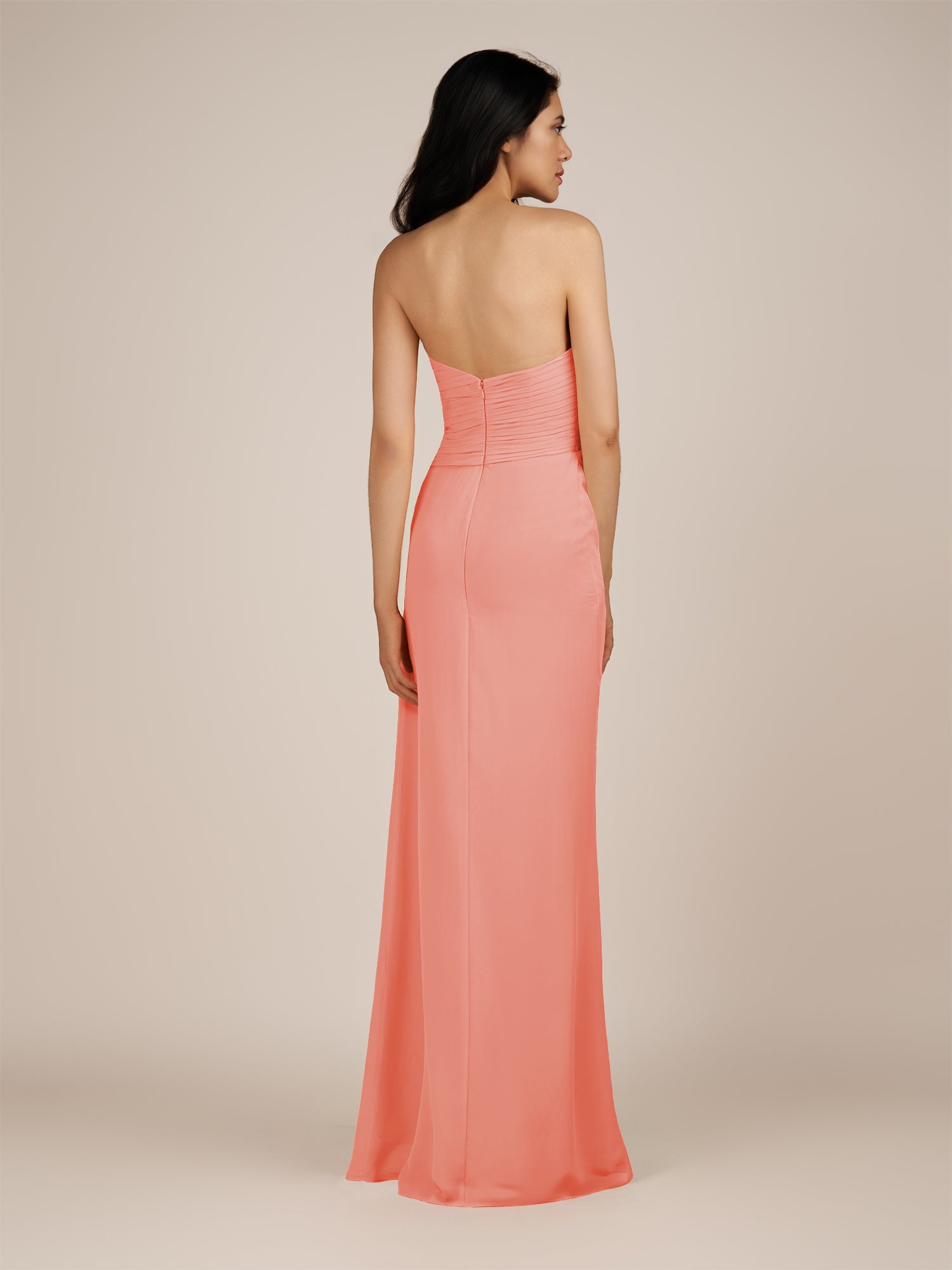 KissDress | Coral - Spice A Line Chiffon Sweetheart Long Bridesmaid Dress with Pleats