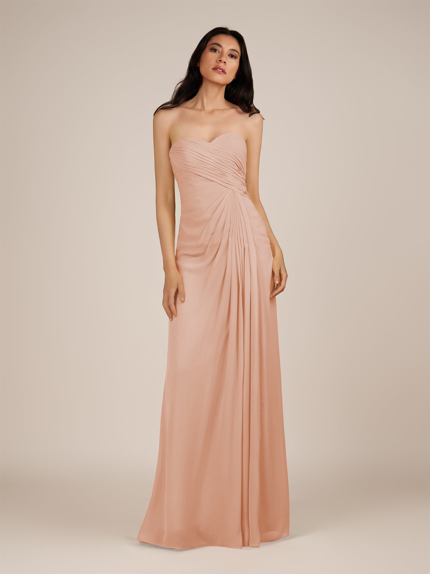 KissDress | English Rose - Spice A Line Chiffon Sweetheart Long Bridesmaid Dress with Pleats