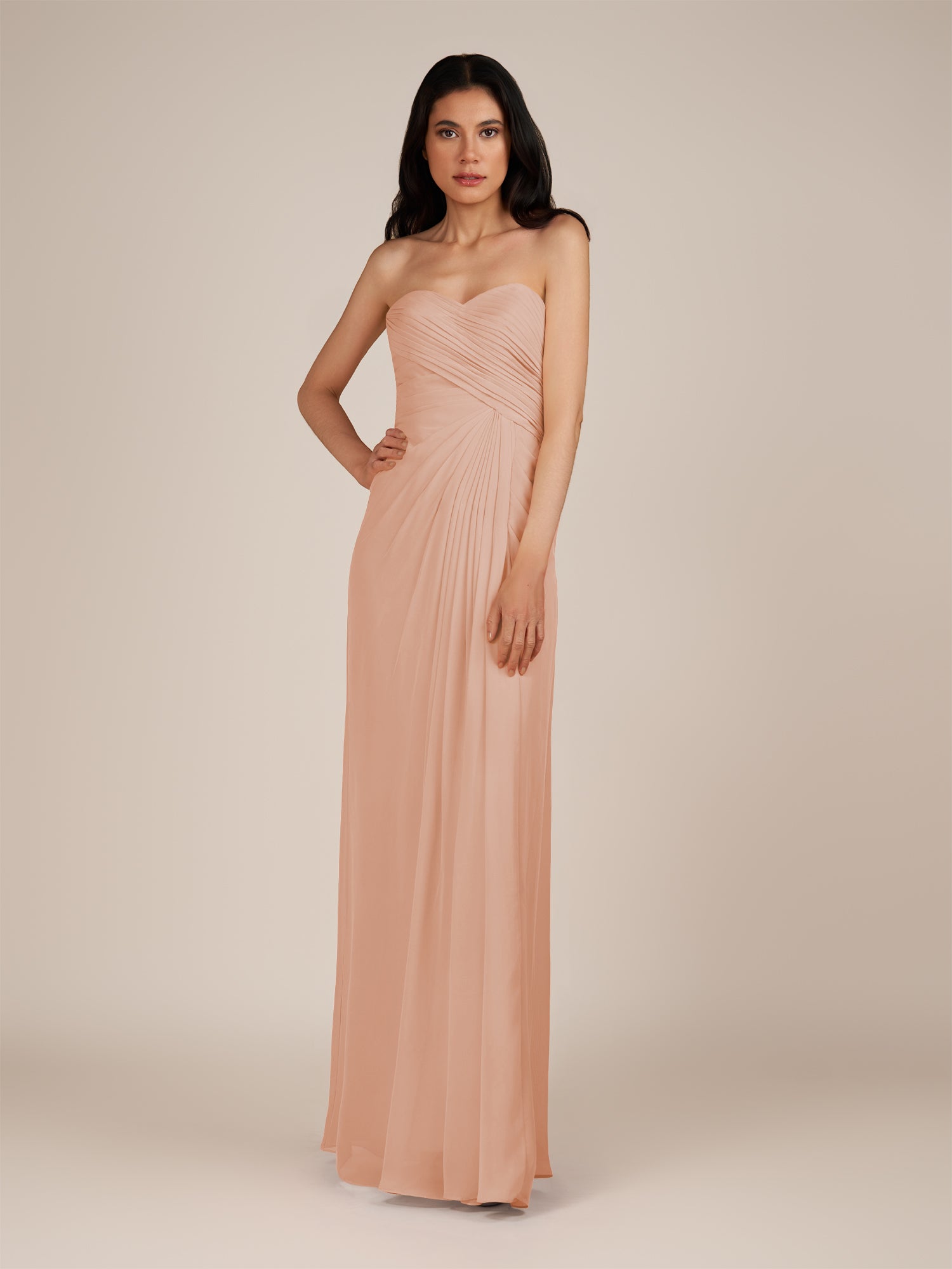 KissDress | English Rose - Spice A Line Chiffon Sweetheart Long Bridesmaid Dress with Pleats