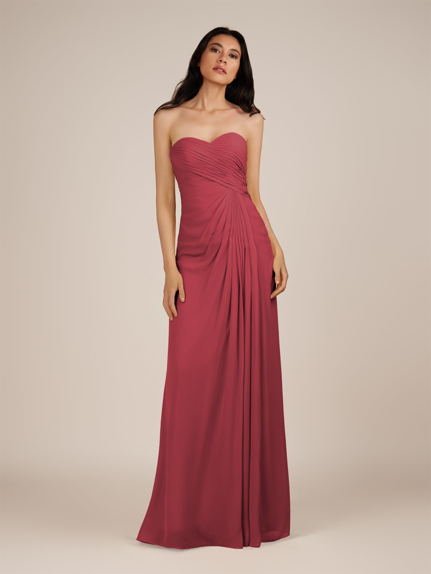 KissDress | Wanlian - Merlot A Line Chiffon Sweetheart Long Bridesmaid Dress with Pleats