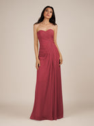 KissDress | Wanlian - Merlot A Line Chiffon Sweetheart Long Bridesmaid Dress with Pleats