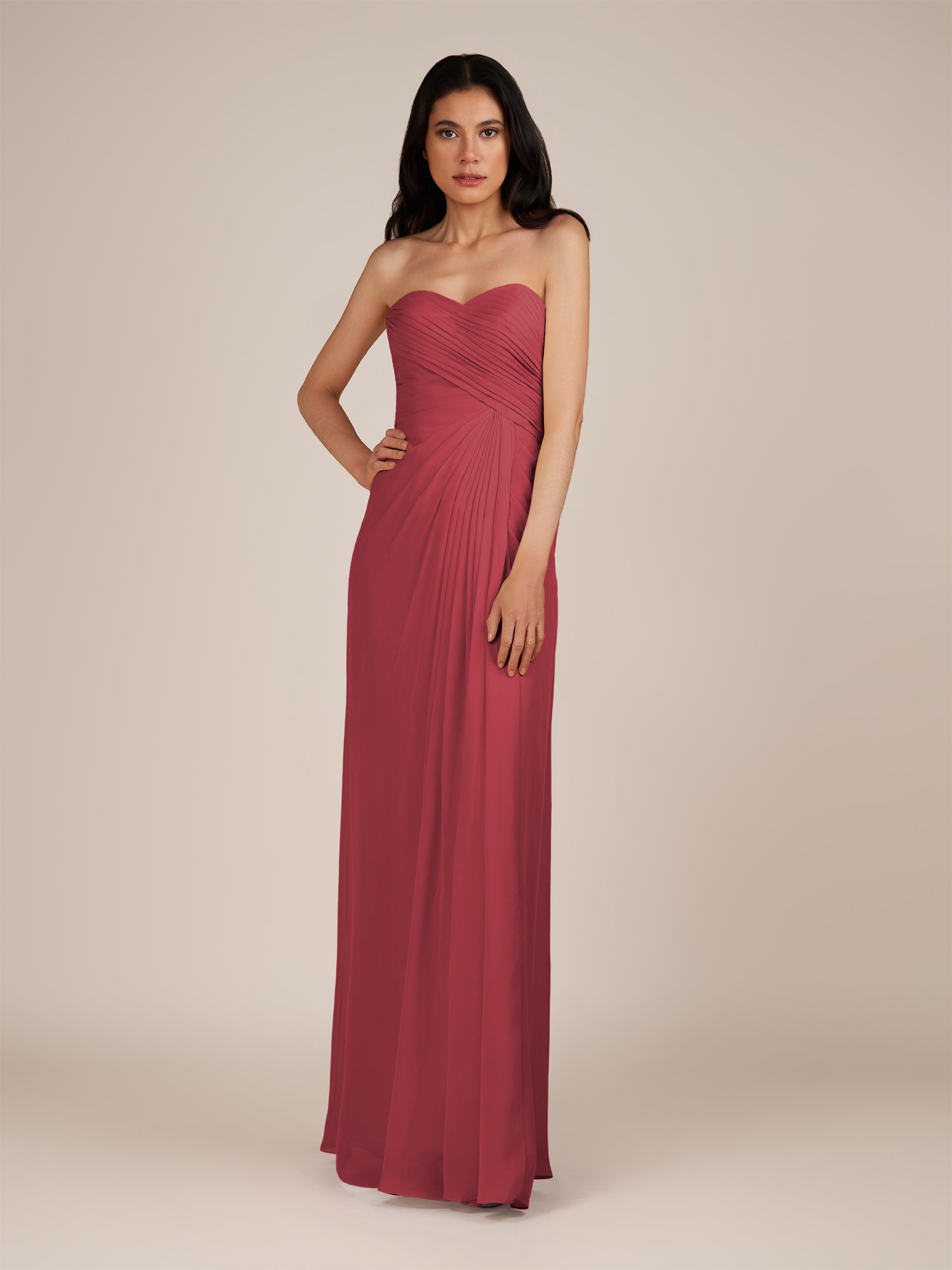 KissDress | Wanlian - Merlot A Line Chiffon Sweetheart Long Bridesmaid Dress with Pleats