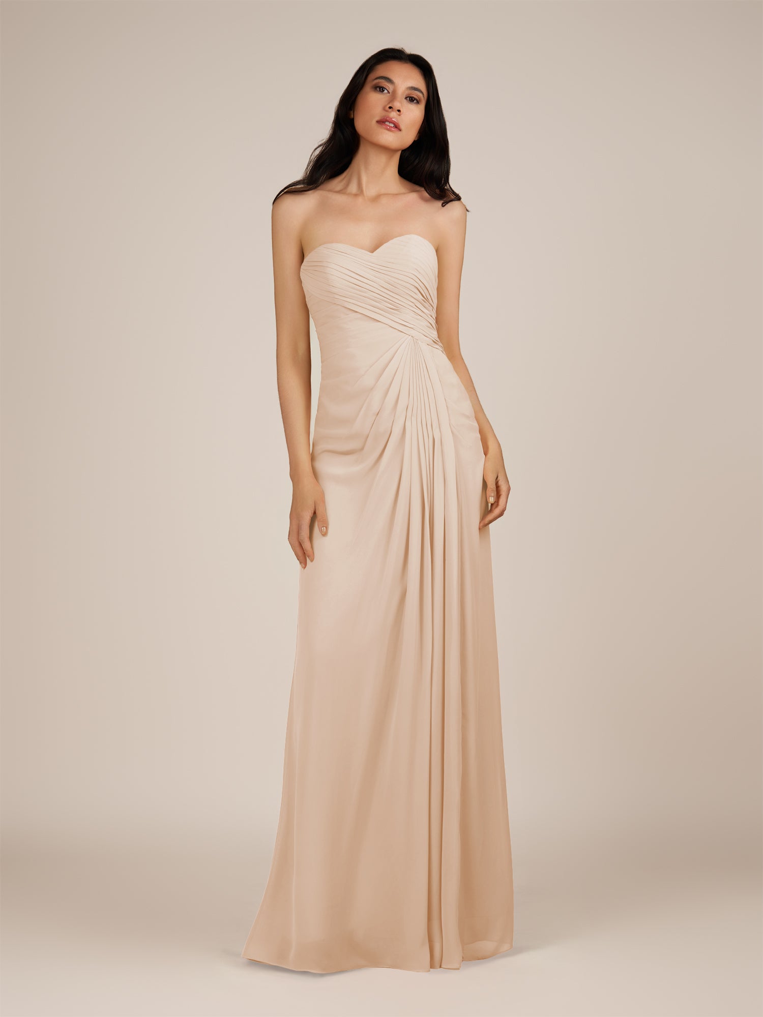 KissDress | Pale Blush - Spice A Line Chiffon Sweetheart Long Bridesmaid Dress with Pleats