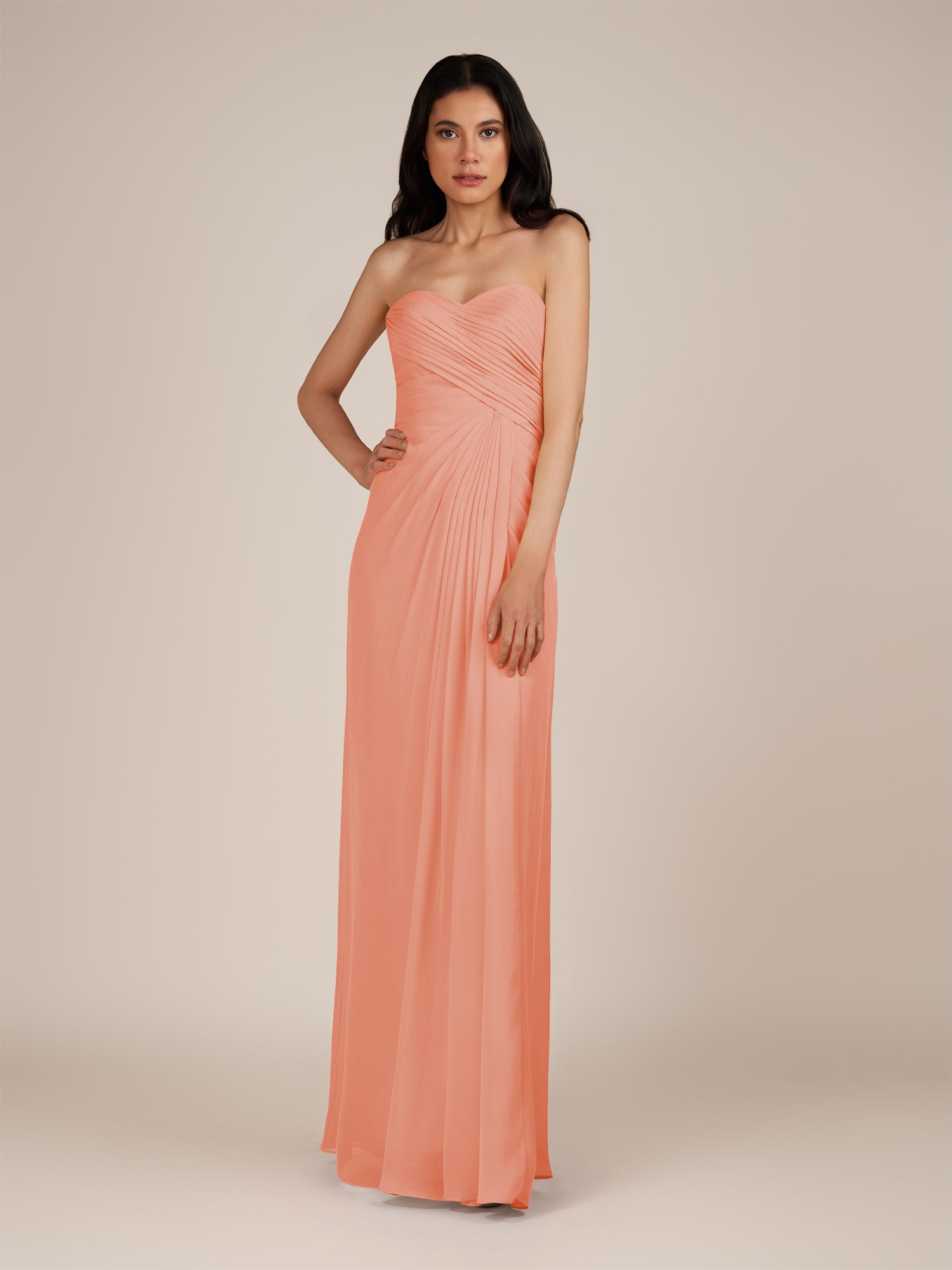 KissDress | Rosette - Spice A Line Chiffon Sweetheart Long Bridesmaid Dress with Pleats