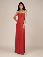 KissDress | Wanlian - Ruby Red A Line Chiffon Sweetheart Long Bridesmaid Dress with Pleats