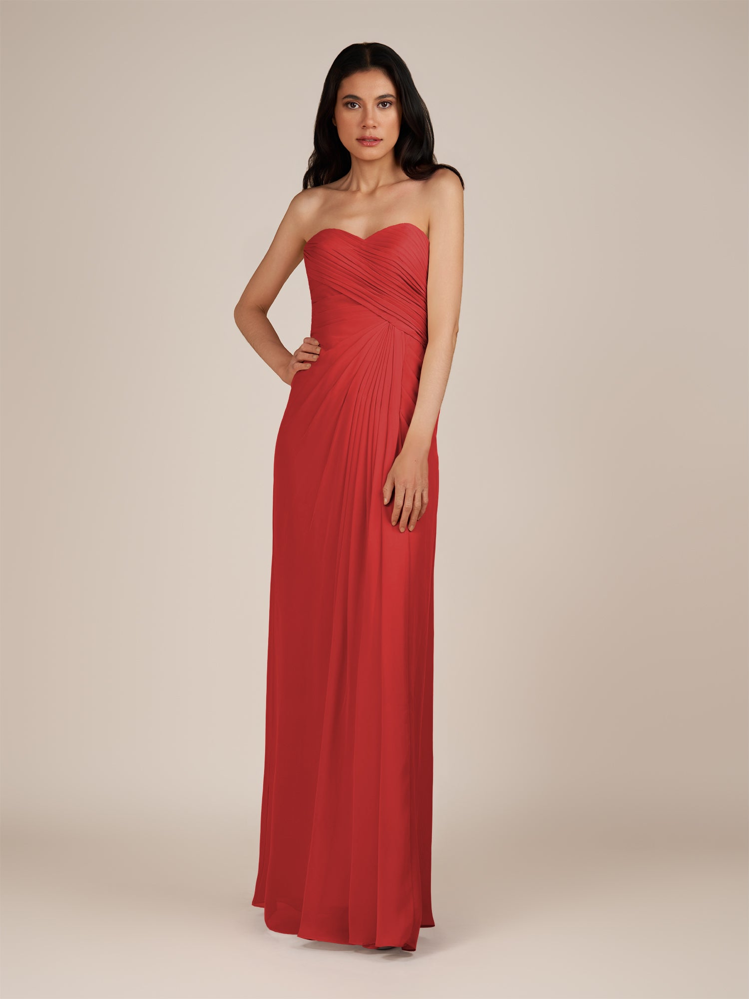 KissDress | Wanlian - Ruby Red A Line Chiffon Sweetheart Long Bridesmaid Dress with Pleats