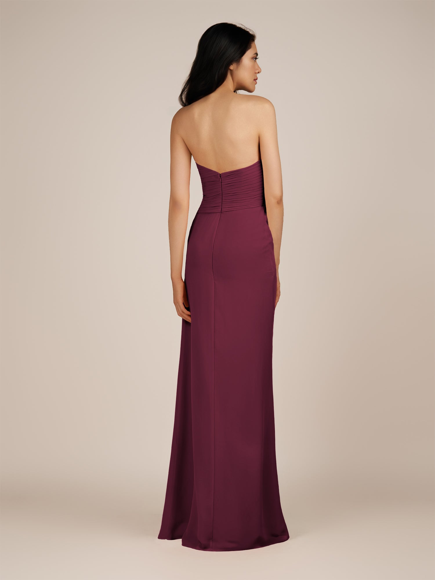 KissDress | Wanlian - Sangria A Line Chiffon Sweetheart Long Bridesmaid Dress with Pleats