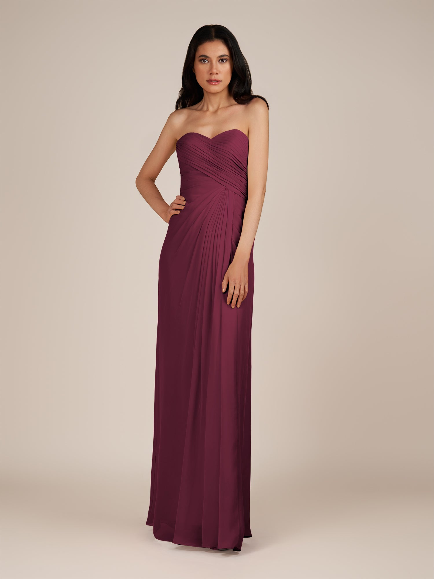 KissDress | Wanlian - Sangria A Line Chiffon Sweetheart Long Bridesmaid Dress with Pleats