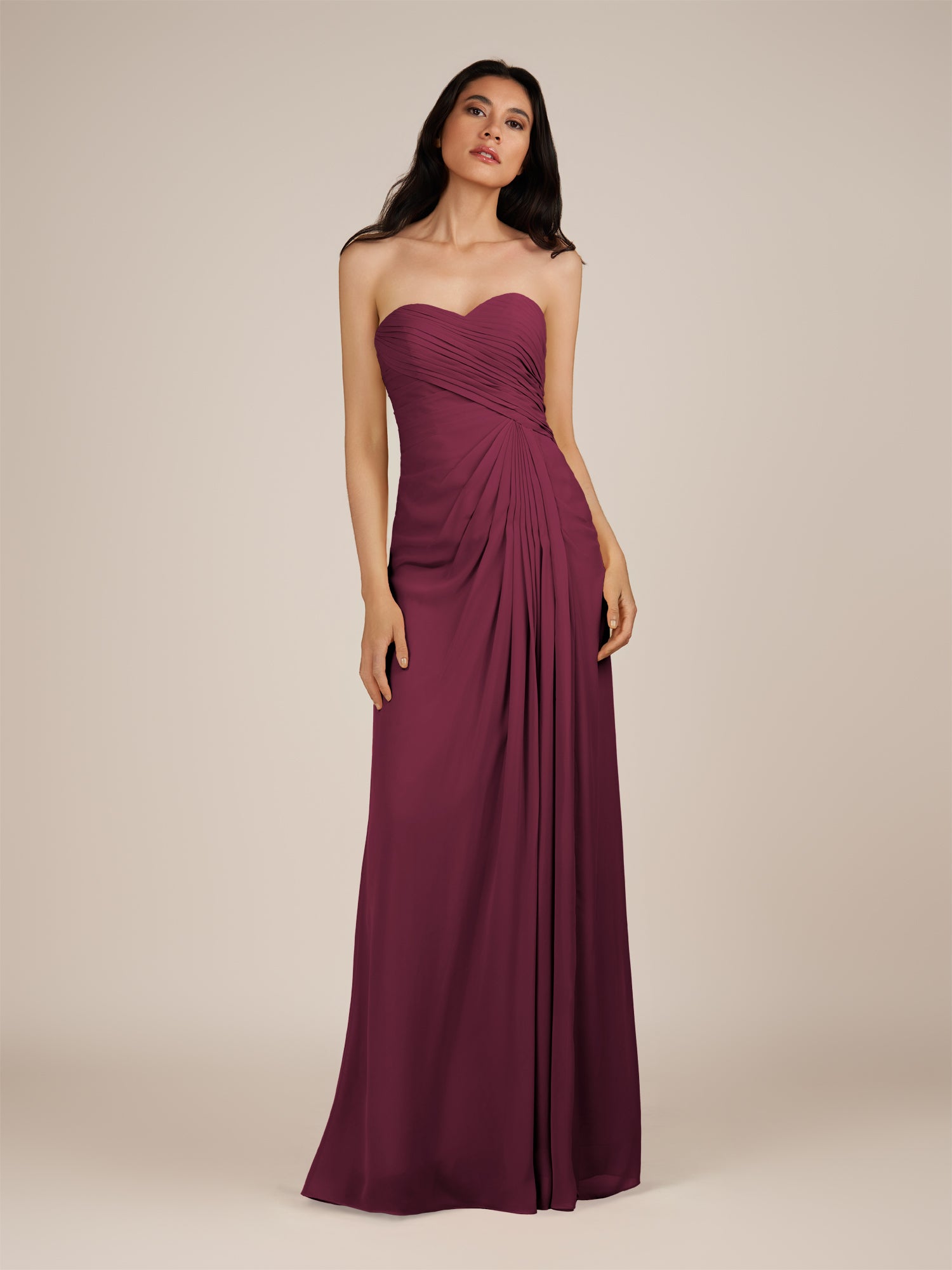 KissDress | Wanlian - Sangria A Line Chiffon Sweetheart Long Bridesmaid Dress with Pleats