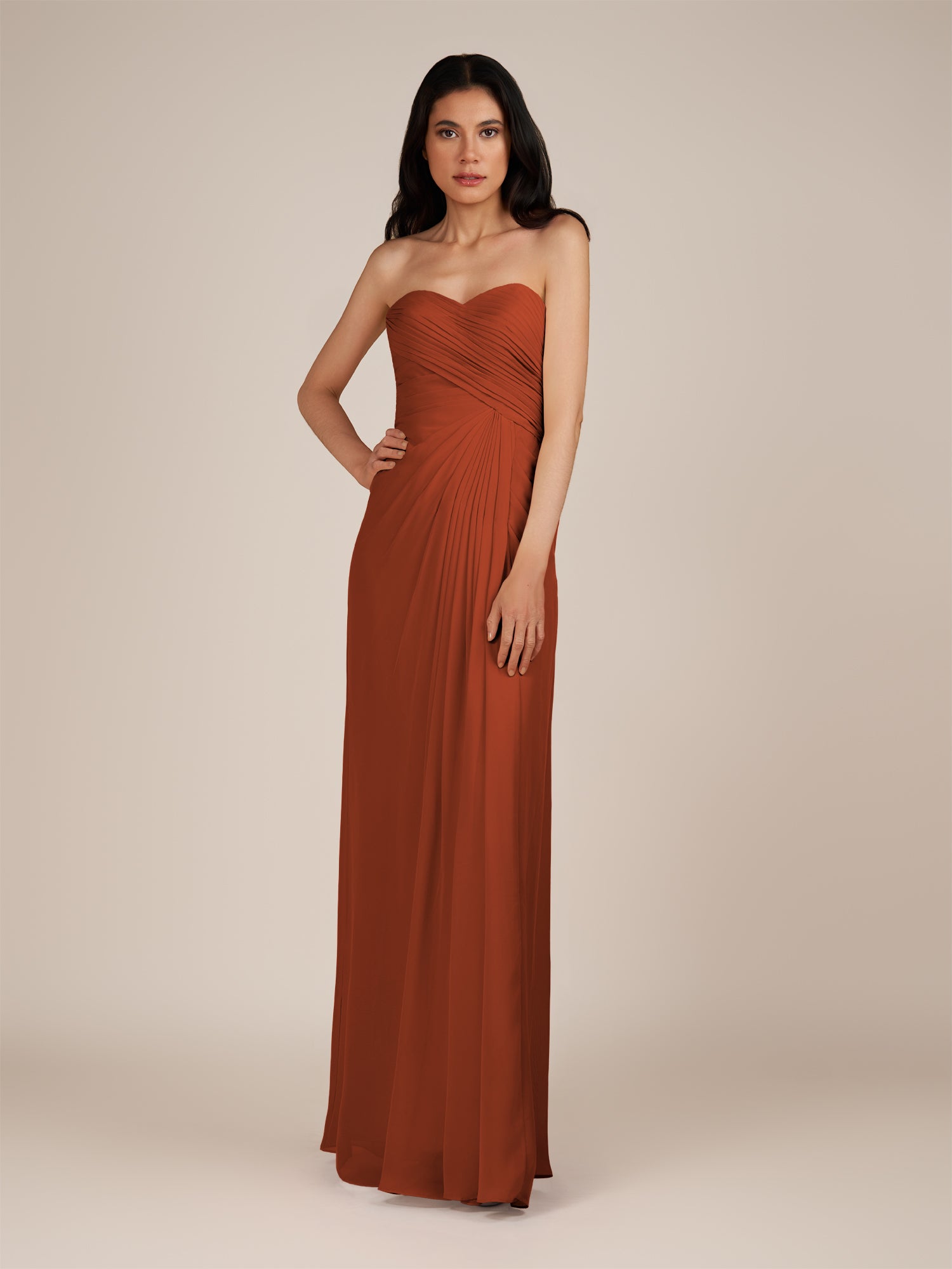 KissDress | Wanlian - Spice A Line Chiffon Sweetheart Long Bridesmaid Dress with Pleats