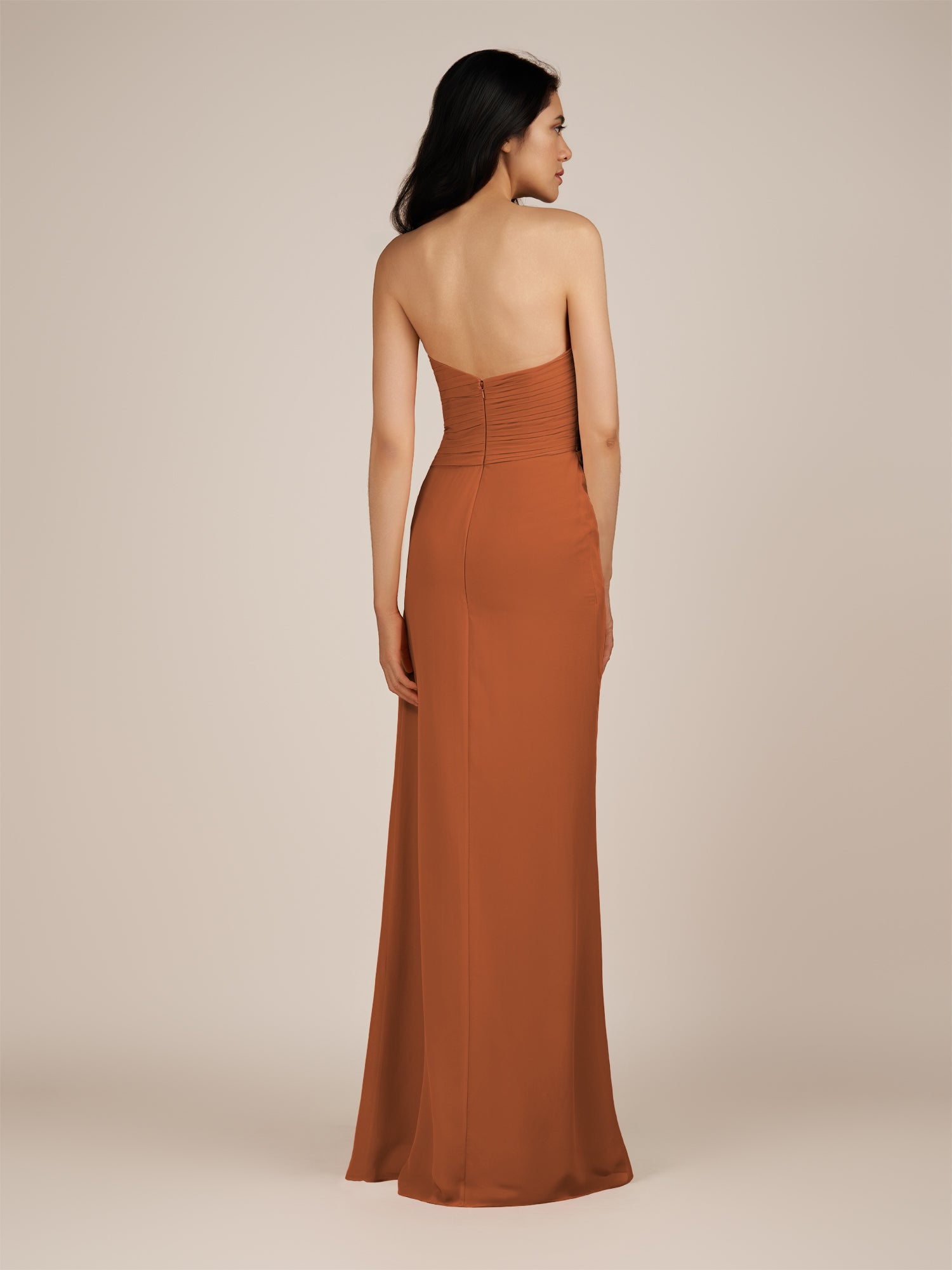 KissDress | Wanlian - Terracotta A Line Chiffon Sweetheart Long Bridesmaid Dress with Pleats
