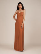 KissDress | Wanlian - Terracotta A Line Chiffon Sweetheart Long Bridesmaid Dress with Pleats