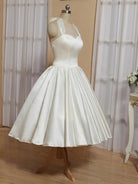 KissDress-White A-Line Halter Sleeveless Tea Length Satin Bridal Gowns With Bow(s) Pleats