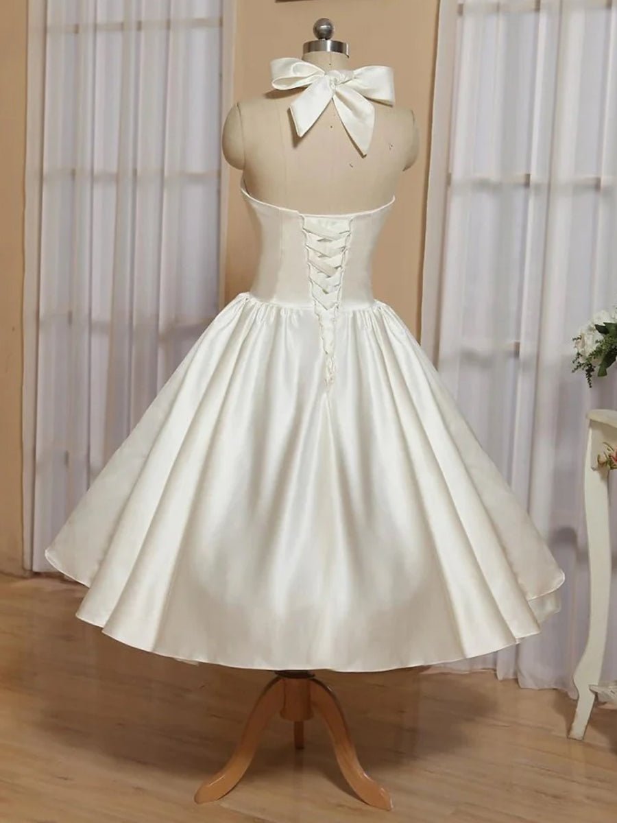 KissDress-White A-Line Halter Sleeveless Tea Length Satin Bridal Gowns With Bow(s) Pleats